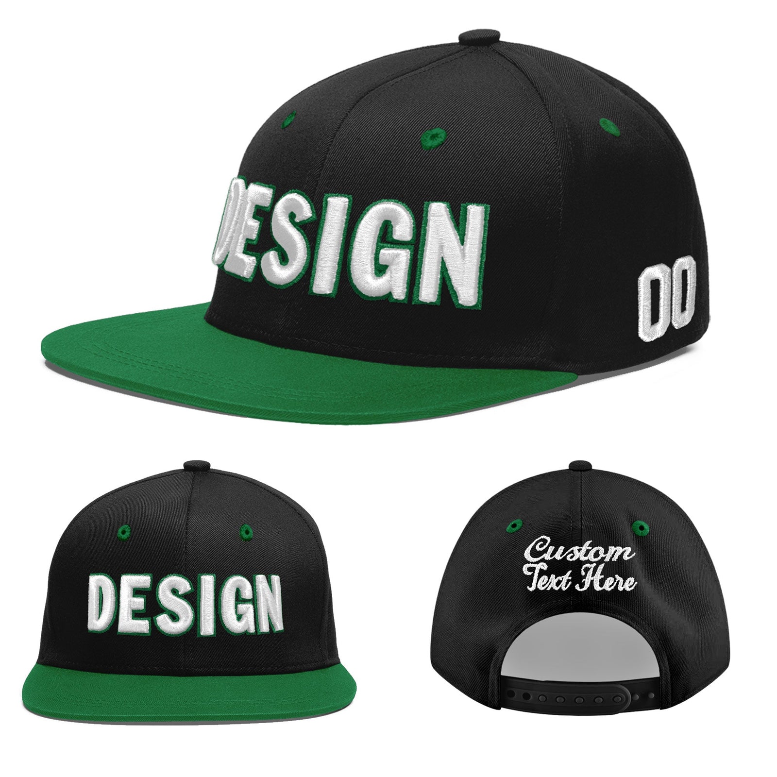 Custom Black Kelly Green 3D Puff Embroidery Flat Embroidery Casual Sport Baseball Cap