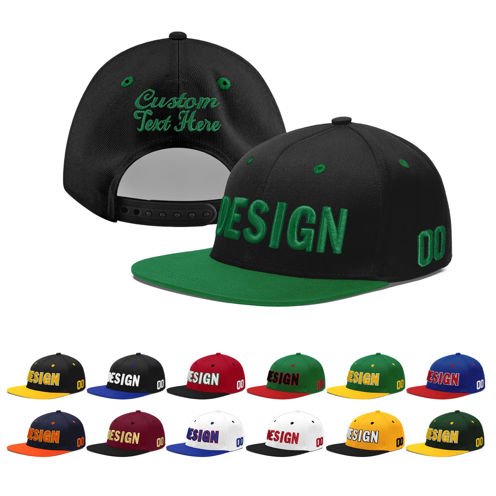 Custom Black Kelly Green 3D Puff Embroidery Flat Embroidery Casual Sport Baseball Cap