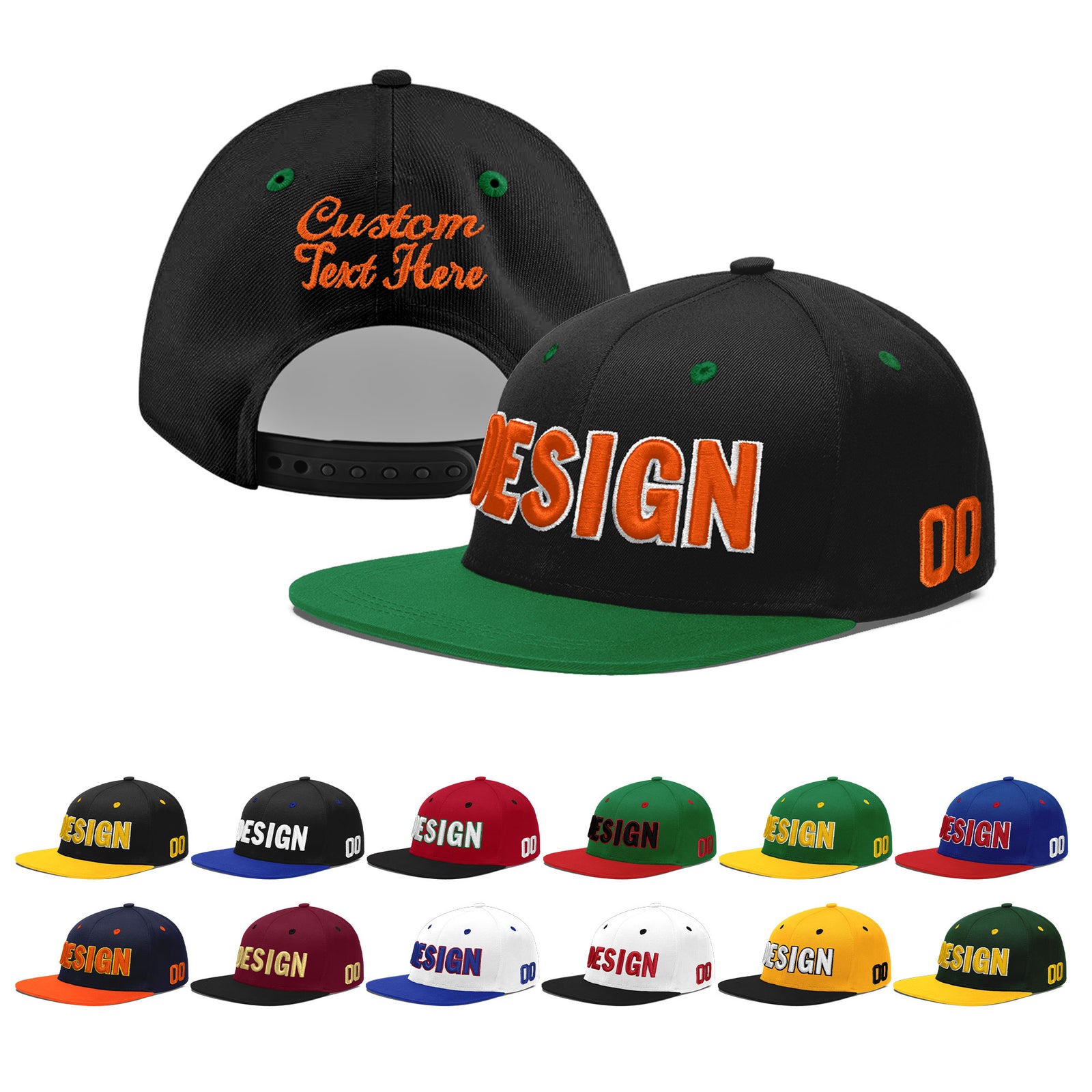 Custom Black Kelly Green 3D Puff Embroidery Flat Embroidery Casual Sport Baseball Cap