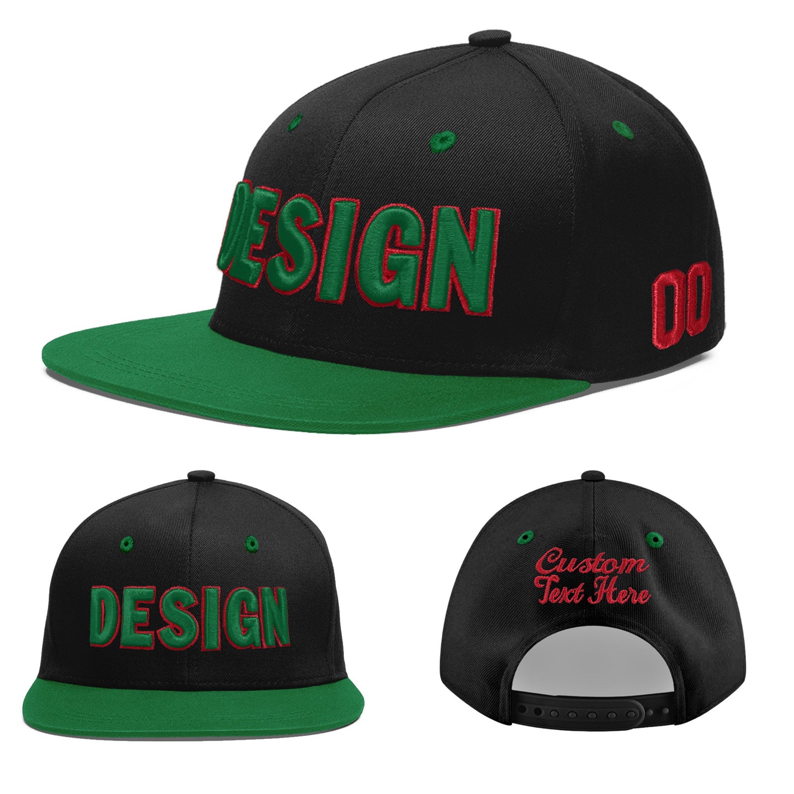 Custom Black Kelly Green 3D Puff Embroidery Flat Embroidery Casual Sport Baseball Cap