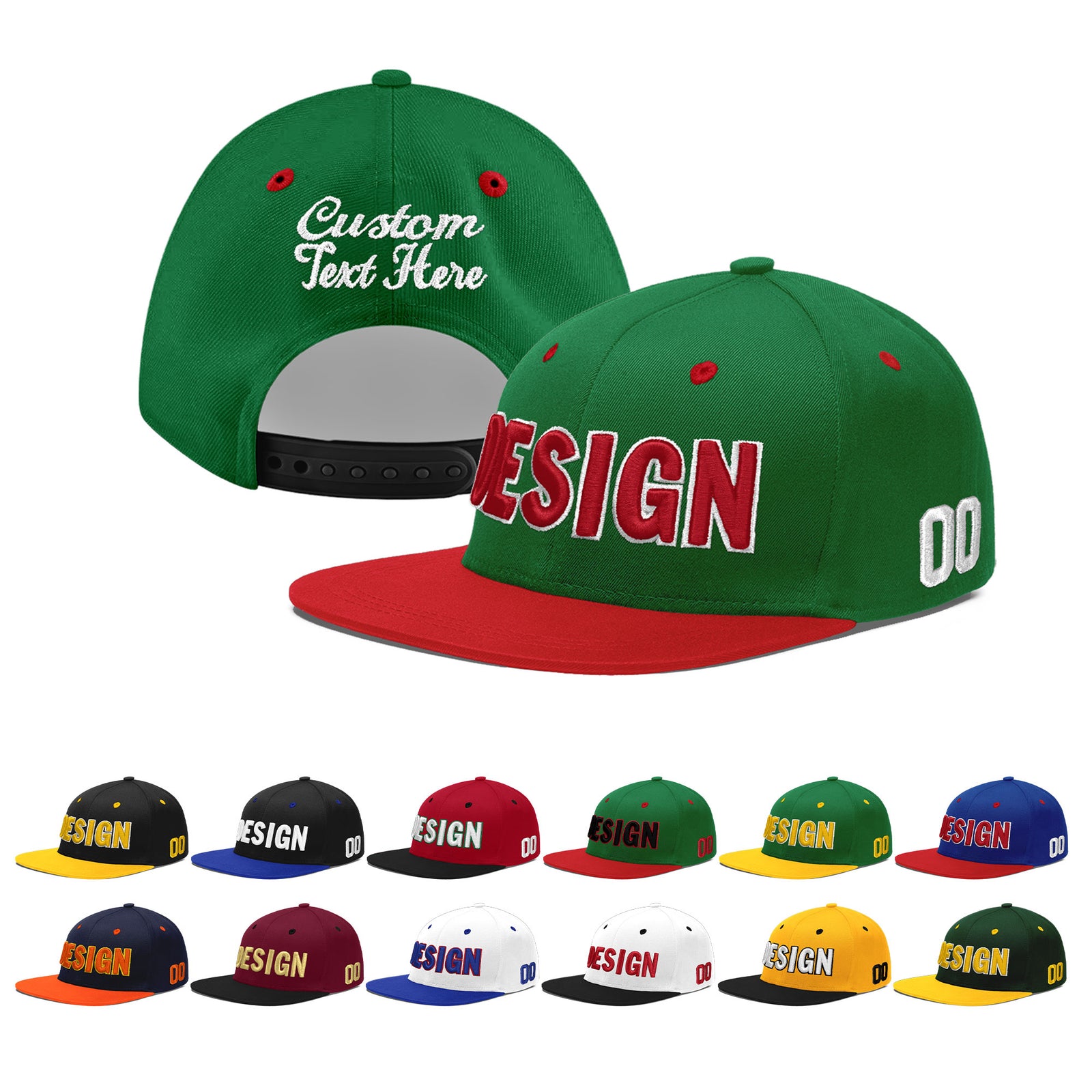 Custom Kelly Green Red 3D Puff Embroidery Flat Embroidery Casual Sport Baseball Cap