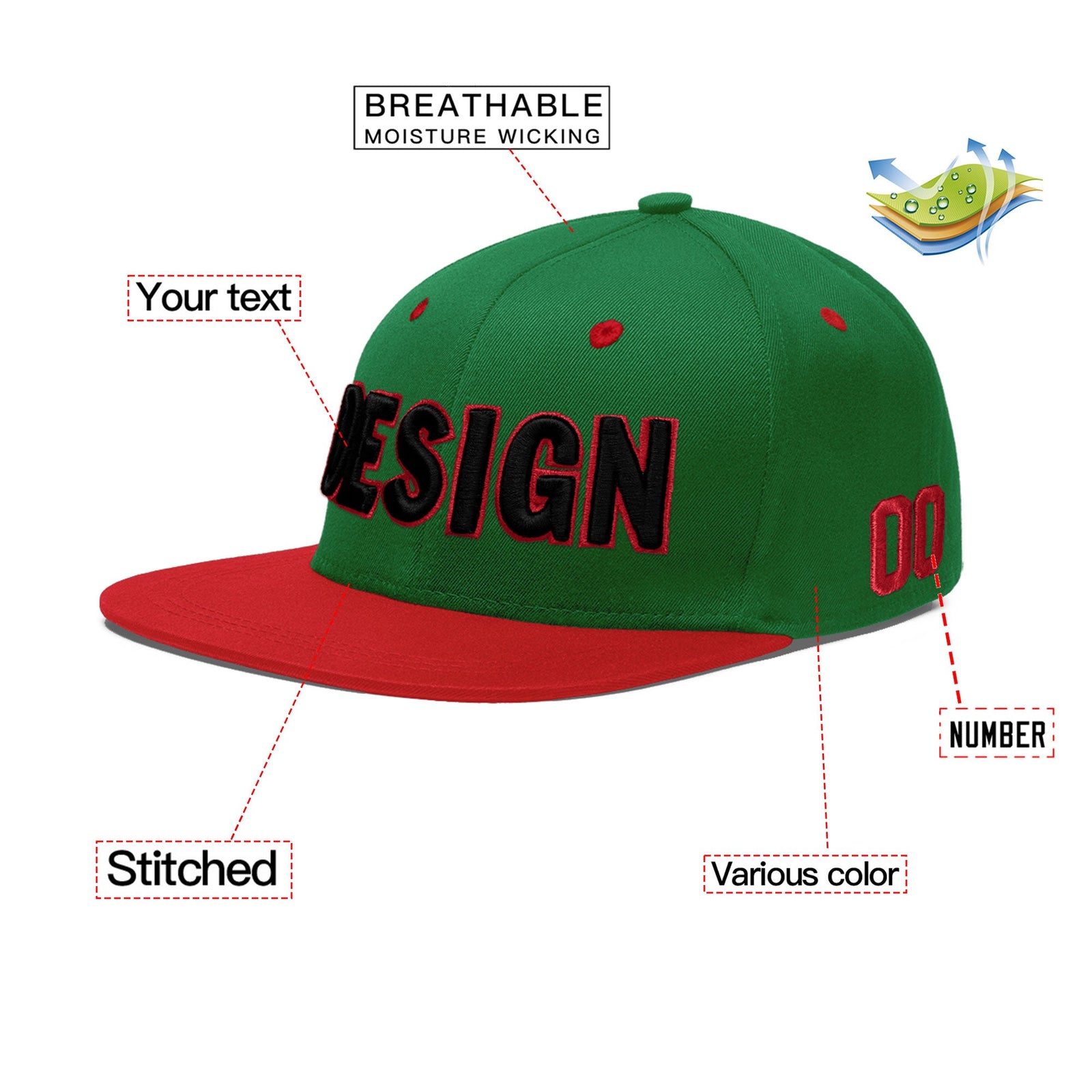 Custom Kelly Green Red 3D Puff Embroidery Flat Embroidery Casual Sport Baseball Cap