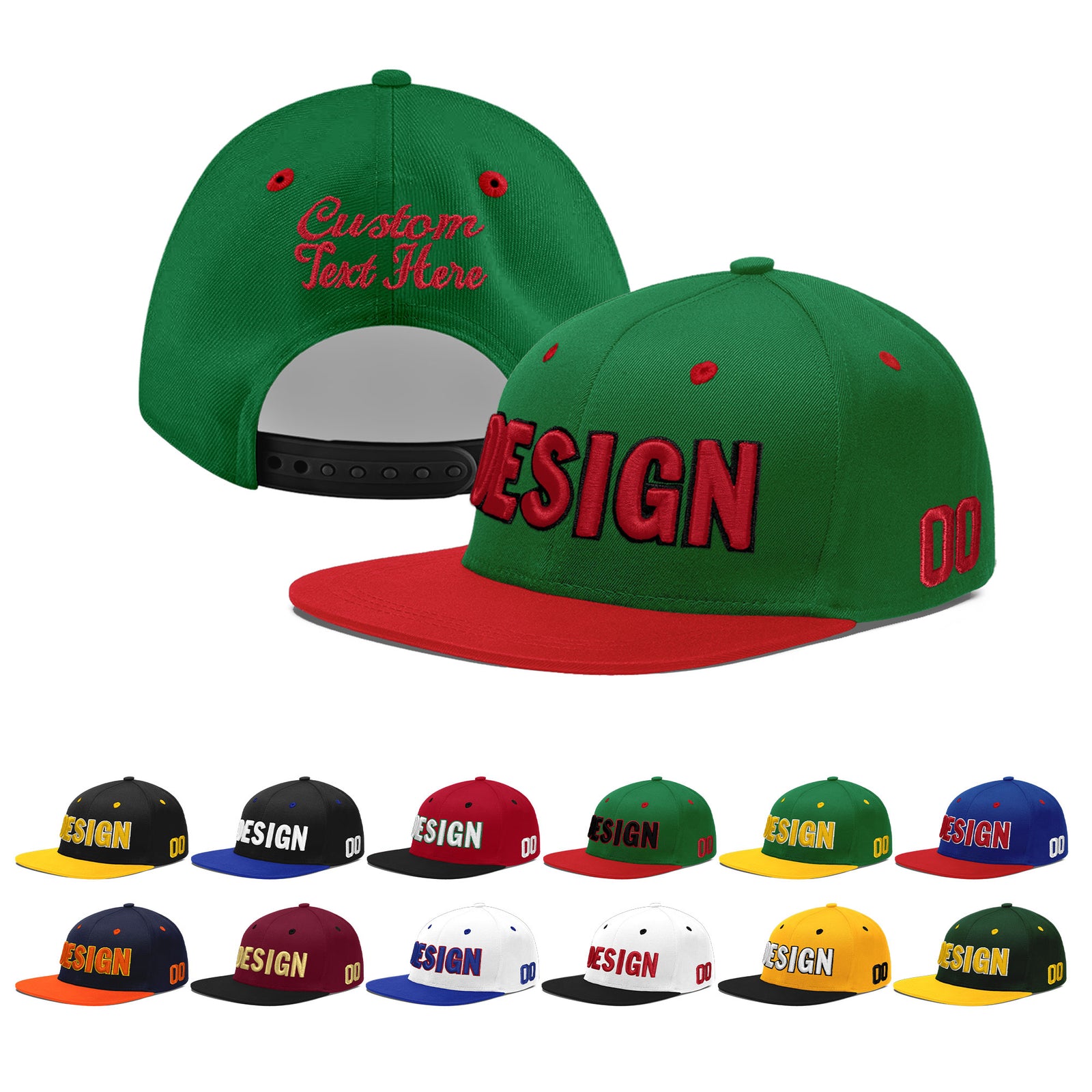 Custom Kelly Green Red 3D Puff Embroidery Flat Embroidery Casual Sport Baseball Cap