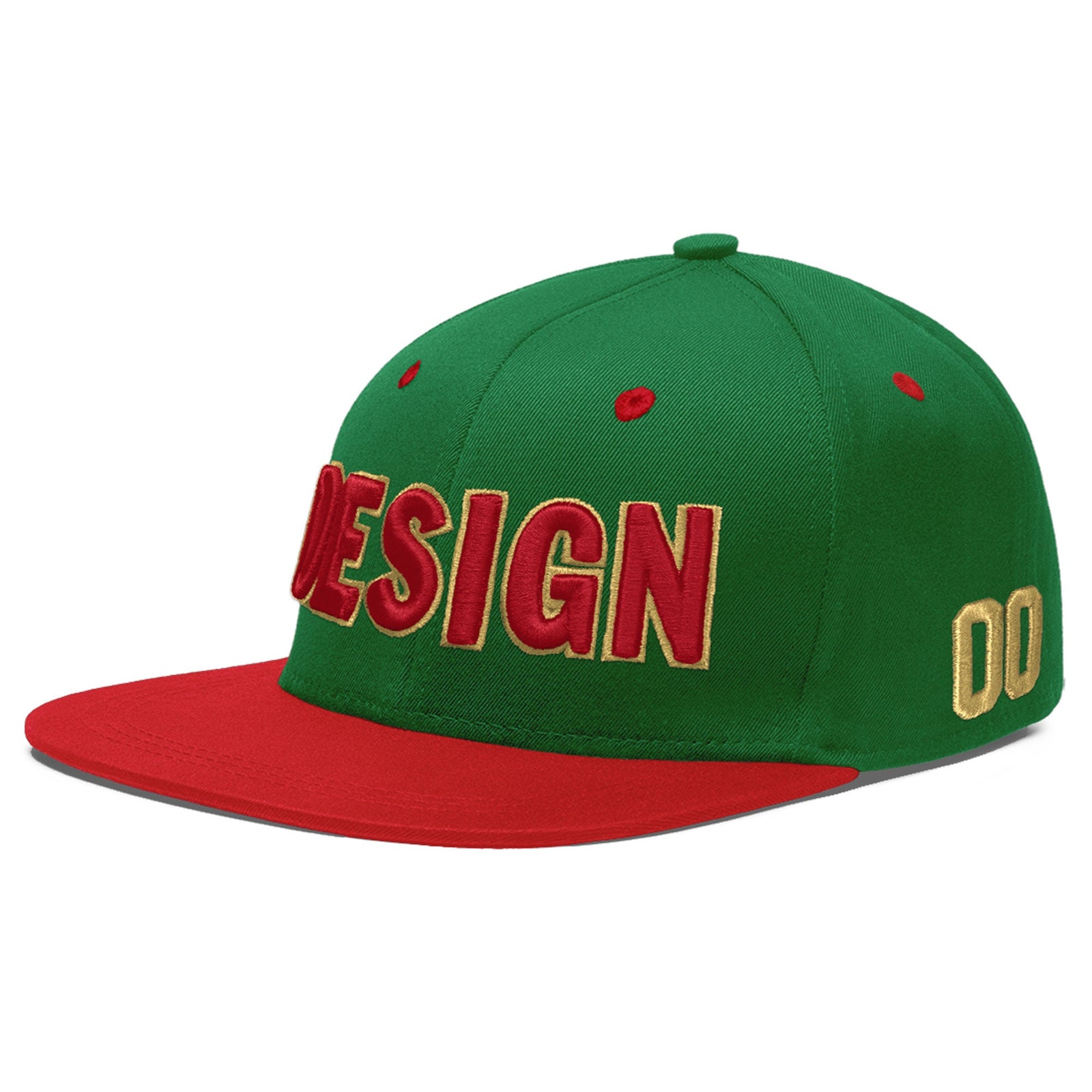 Custom Kelly Green Red 3D Puff Embroidery Flat Embroidery Casual Sport Baseball Cap