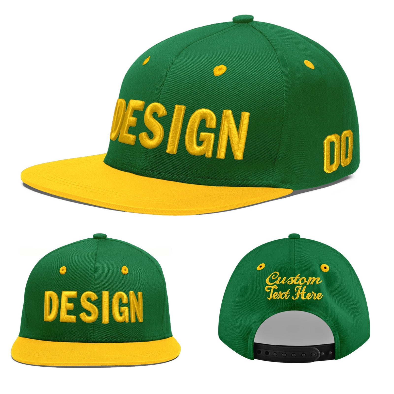 Custom Kelly Green Gold 3D Puff Embroidery Flat Embroidery Casual Sport Baseball Cap