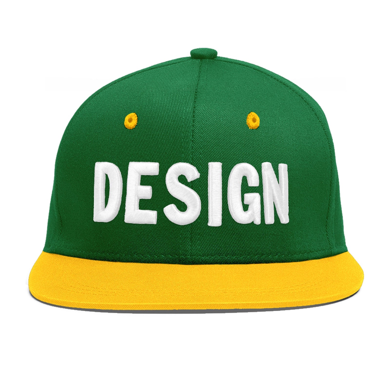 Custom Kelly Green Gold 3D Puff Embroidery Flat Embroidery Casual Sport Baseball Cap