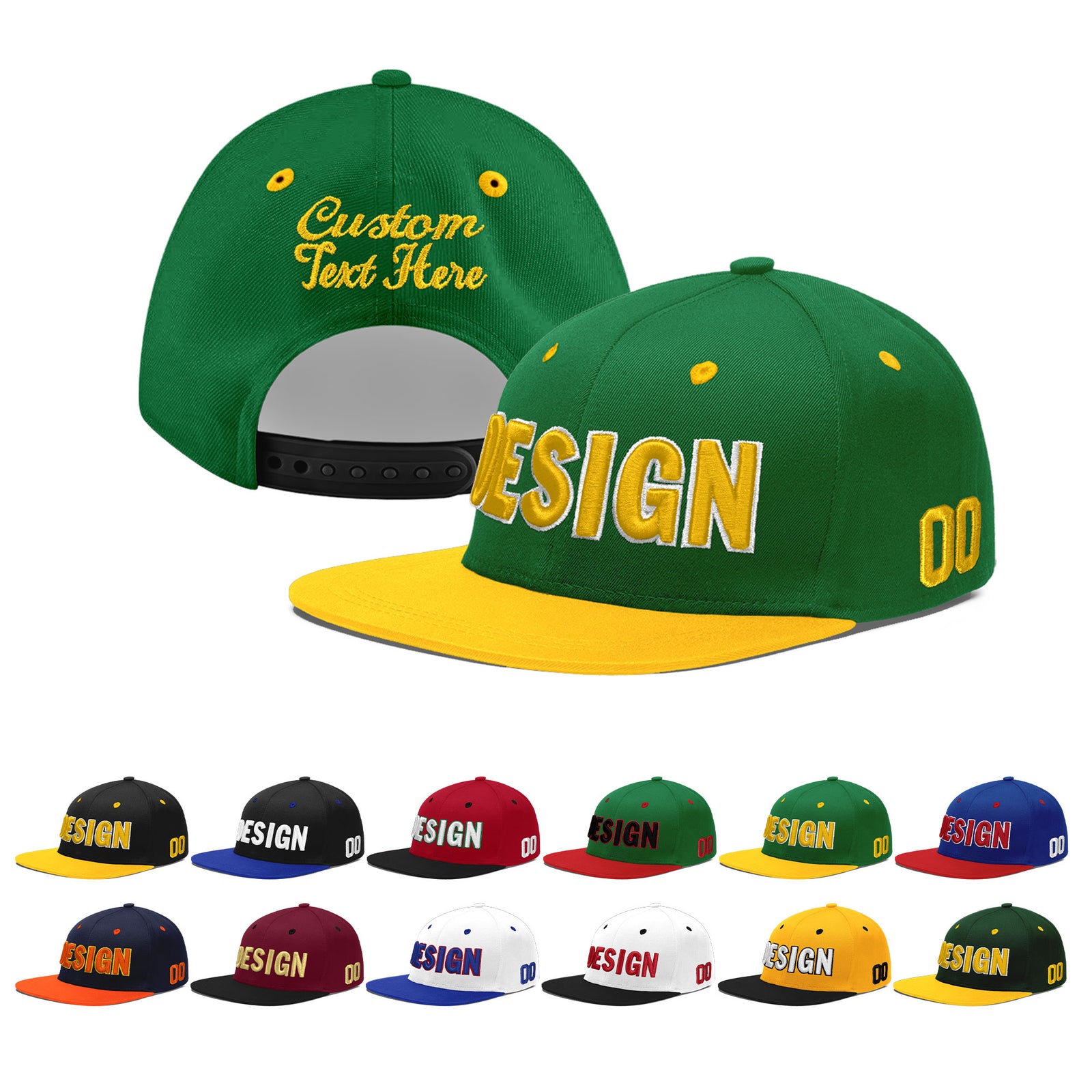 Custom Kelly Green Gold 3D Puff Embroidery Flat Embroidery Casual Sport Baseball Cap