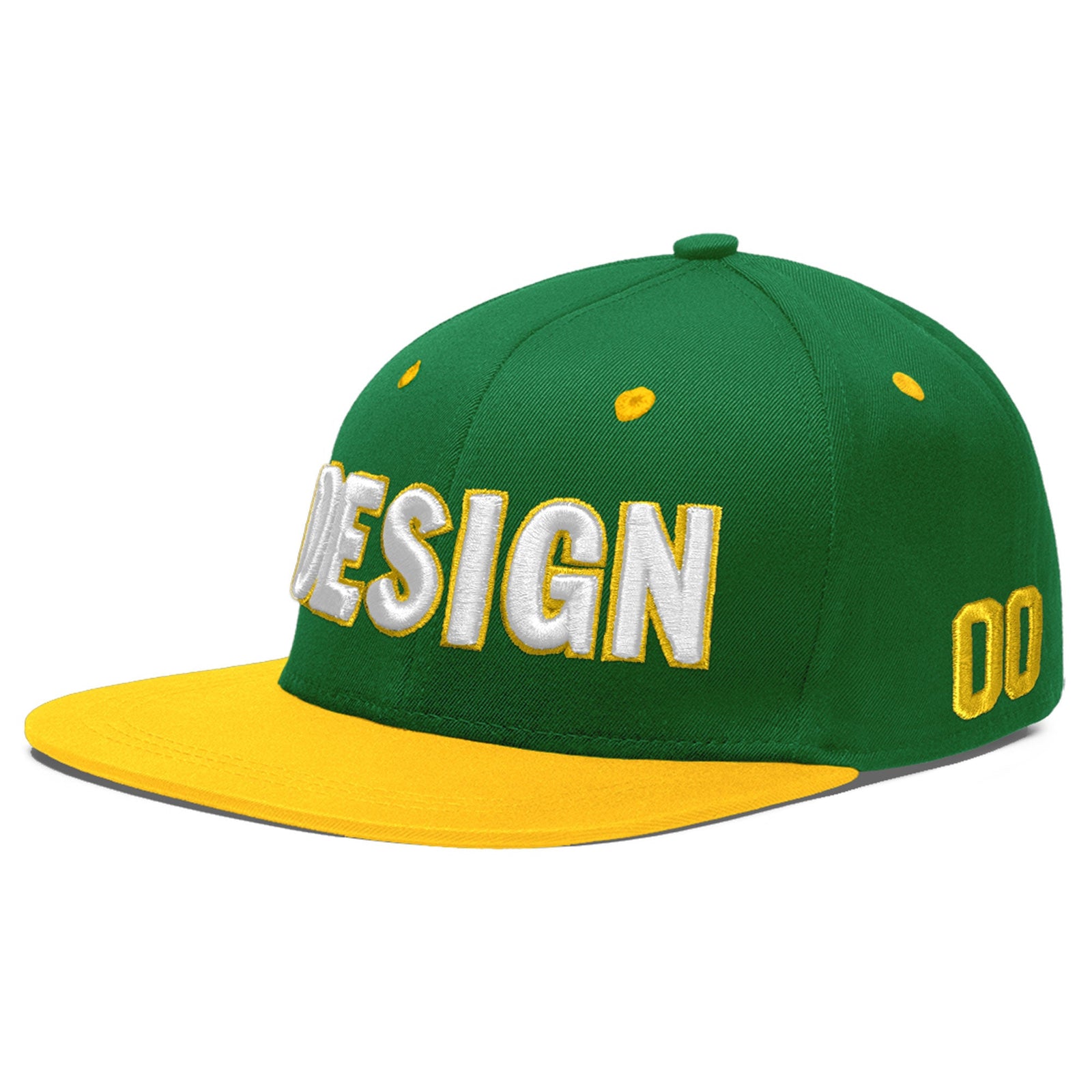 Custom Kelly Green Gold 3D Puff Embroidery Flat Embroidery Casual Sport Baseball Cap