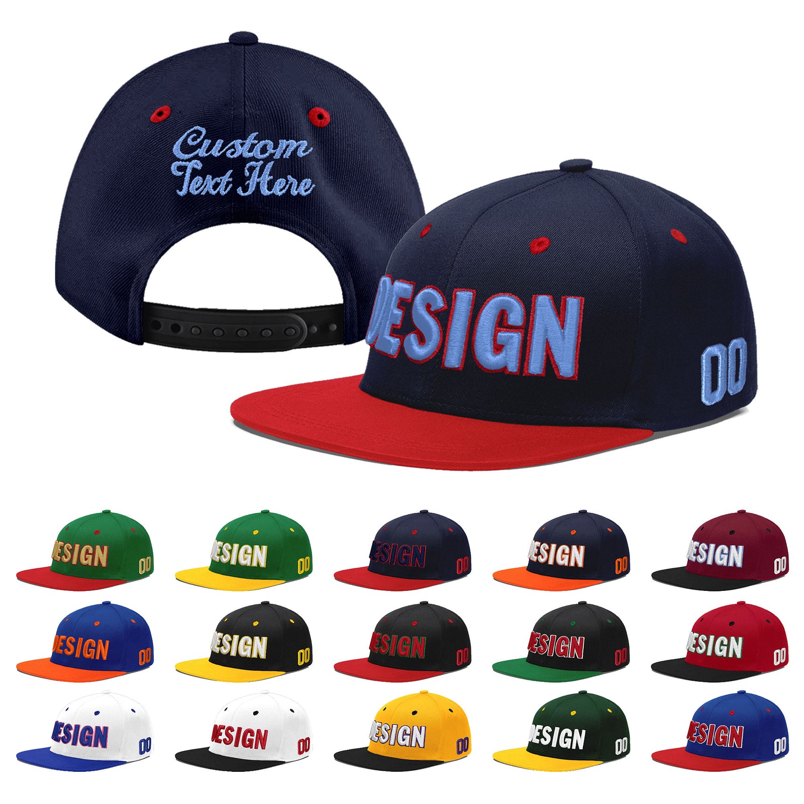 Custom Navy Red 3D Puff Embroidery Flat Embroidery Casual Sport Baseball Cap