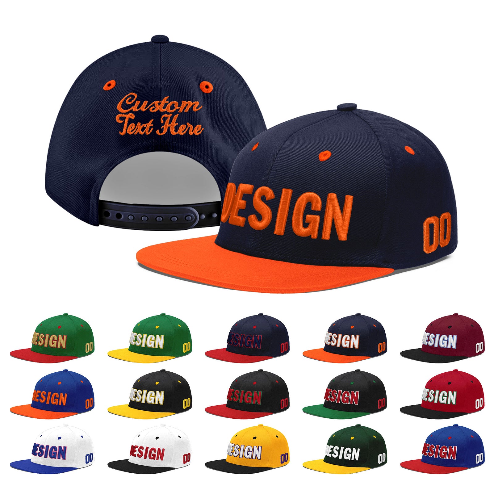 Custom Navy Orange 3D Puff Embroidery Flat Embroidery Casual Sport Baseball Cap