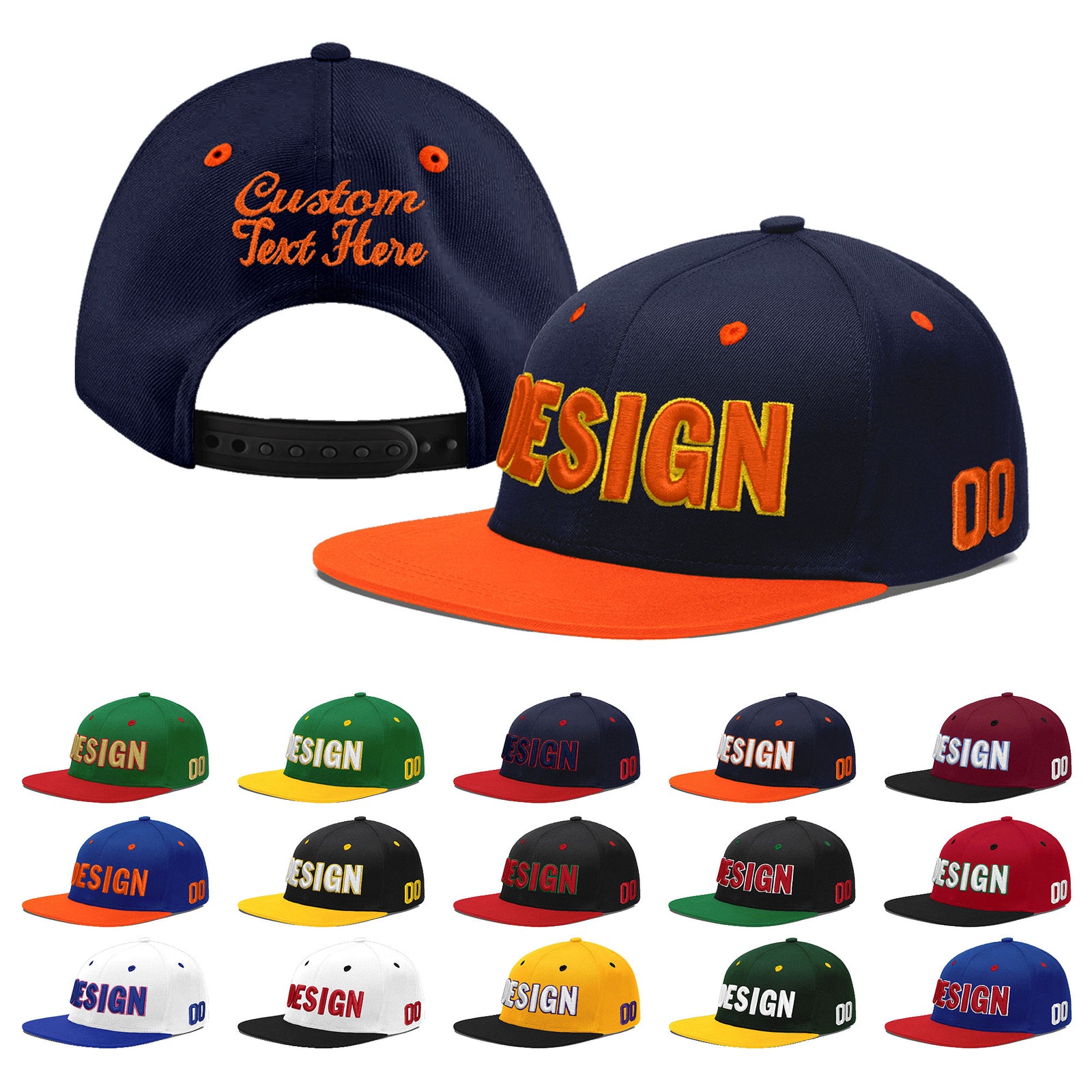 Custom Navy Orange 3D Puff Embroidery Flat Embroidery Casual Sport Baseball Cap