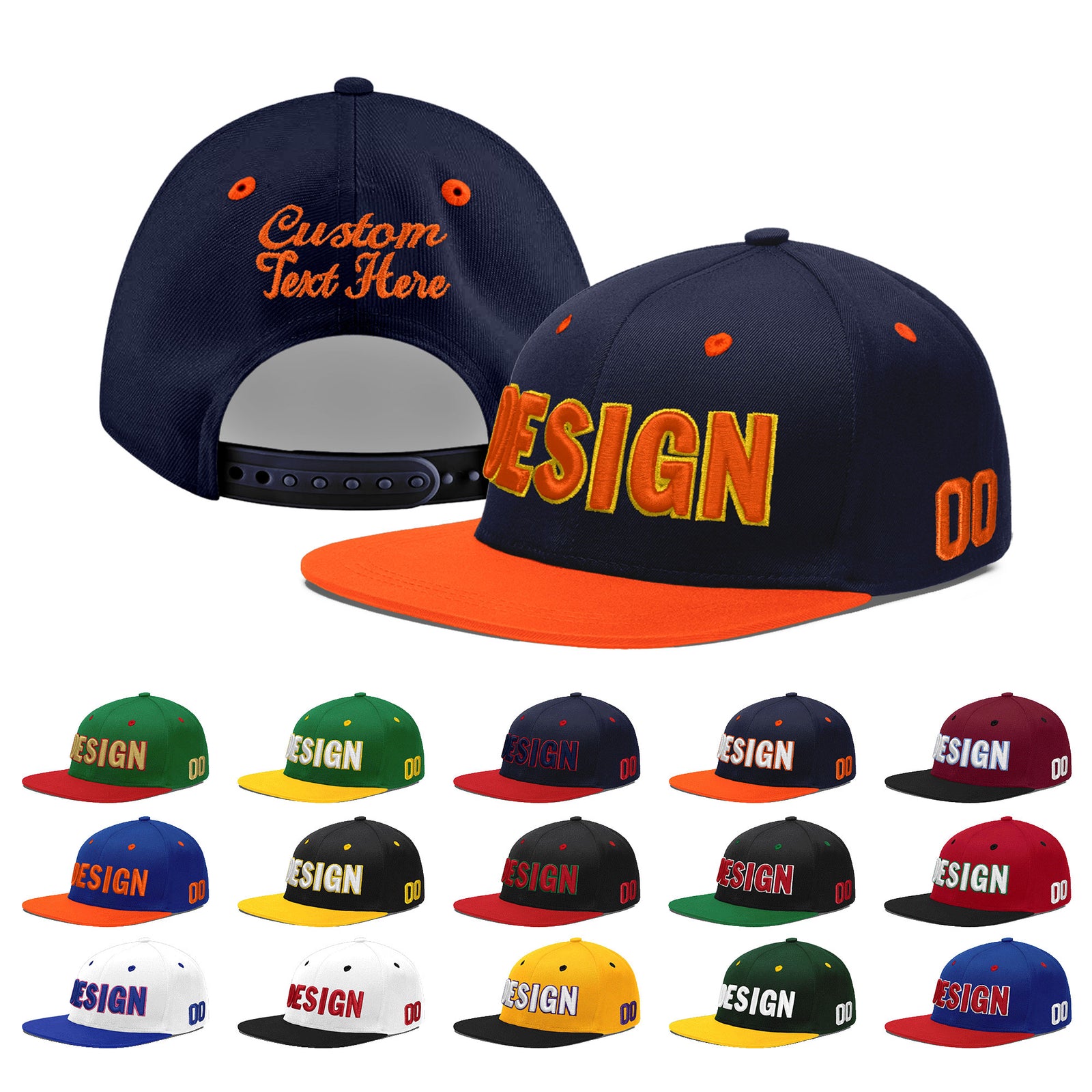 Custom Navy Orange 3D Puff Embroidery Flat Embroidery Casual Sport Baseball Cap