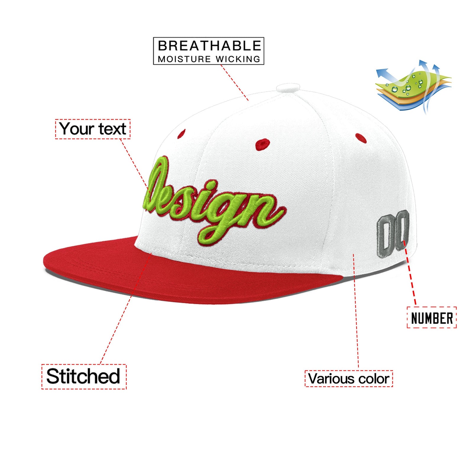 Custom White Red 3D Puff Embroidery Flat Embroidery Casual Sport Hats| KXKSHOP