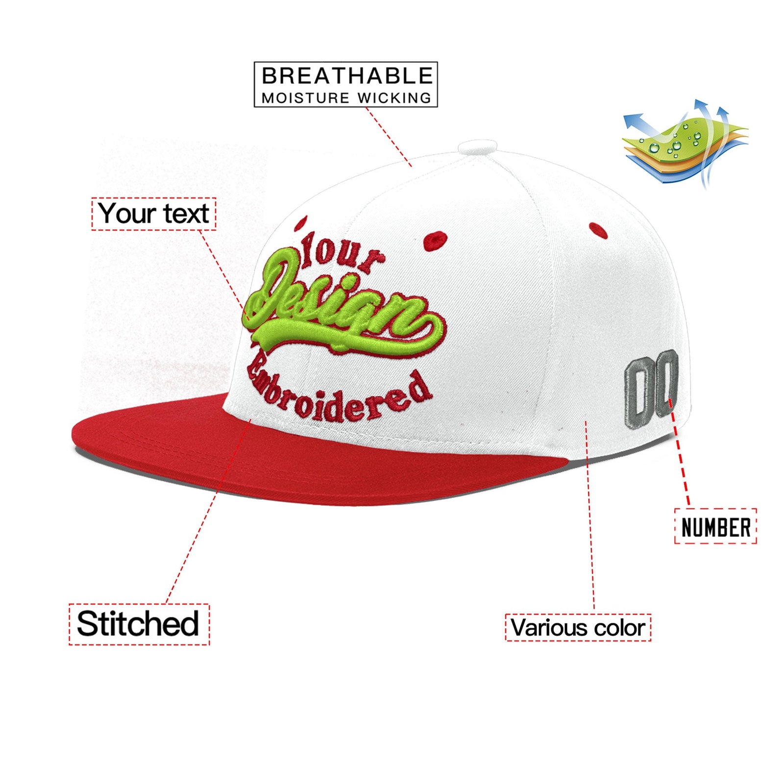 Custom White Red 3D Puff Embroidery Flat Embroidery Casual Sport Hats| KXKSHOP