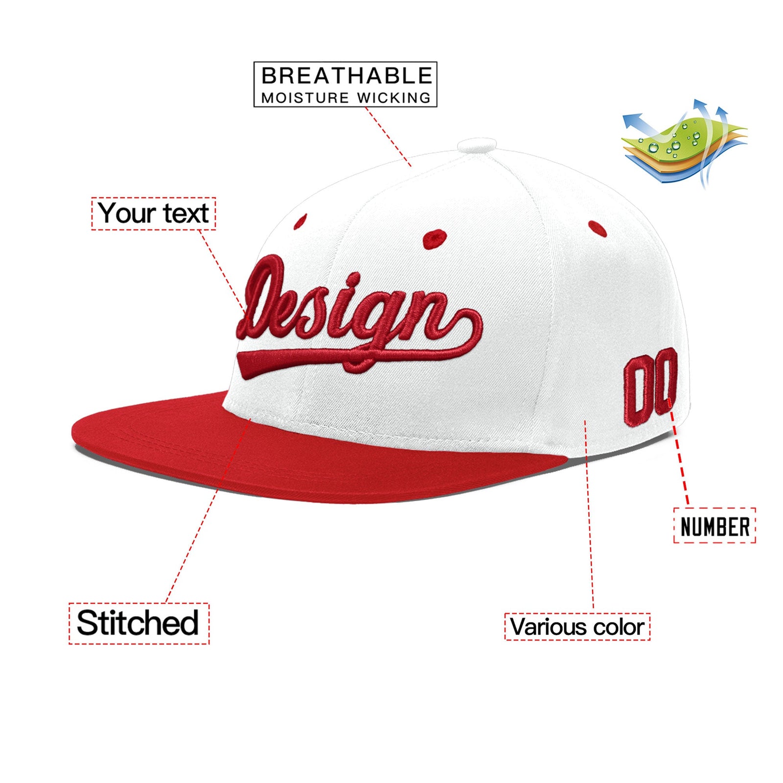 Custom White Red 3D Puff Embroidery Flat Embroidery Casual Sport Hats| KXKSHOP
