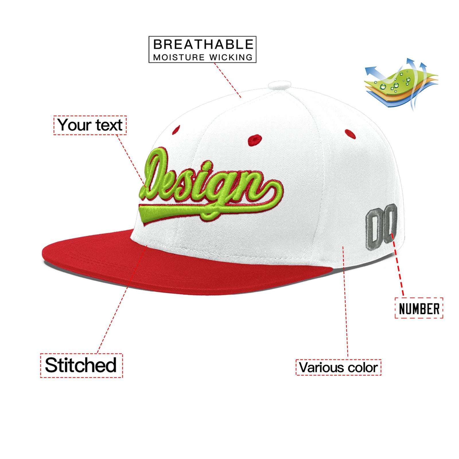 Custom White Red 3D Puff Embroidery Flat Embroidery Casual Sport Hats| KXKSHOP