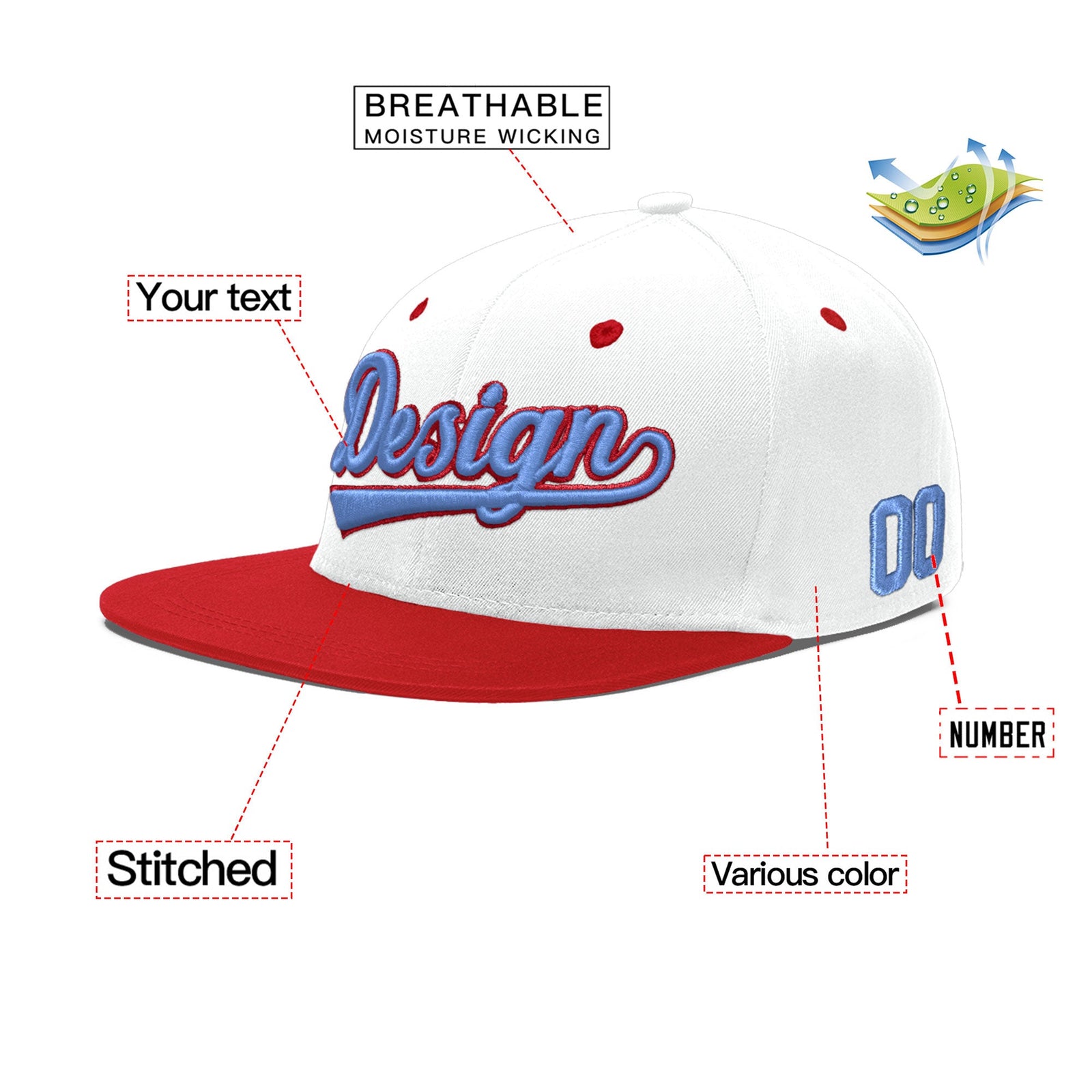 Custom White Red 3D Puff Embroidery Flat Embroidery Casual Sport Hats| KXKSHOP