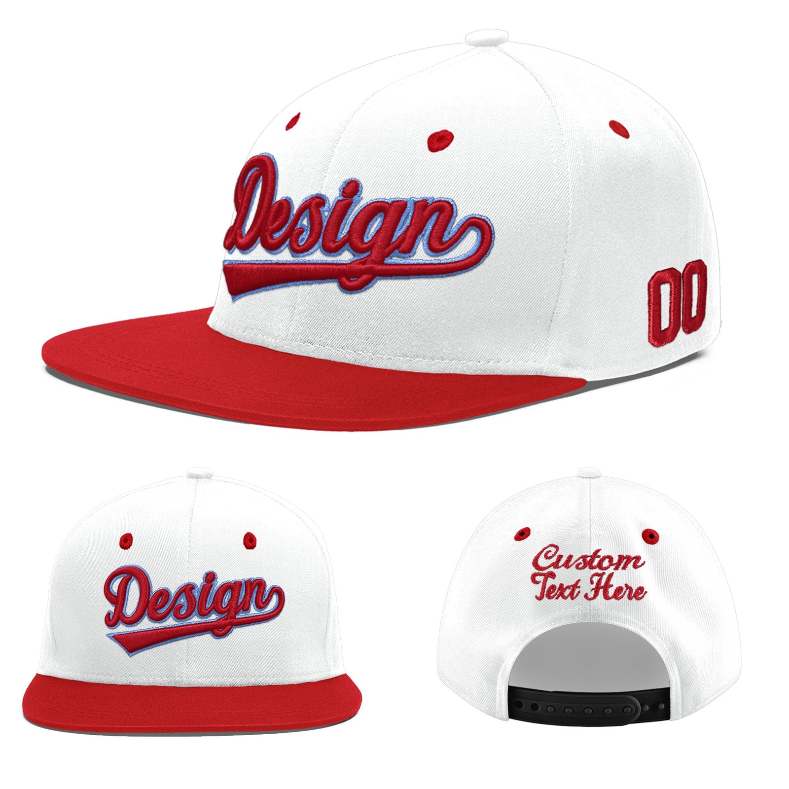 Custom White Red Light Blue 3D Puff Embroidery Flat Embroidery Casual Sport Hats| KXKSHOP