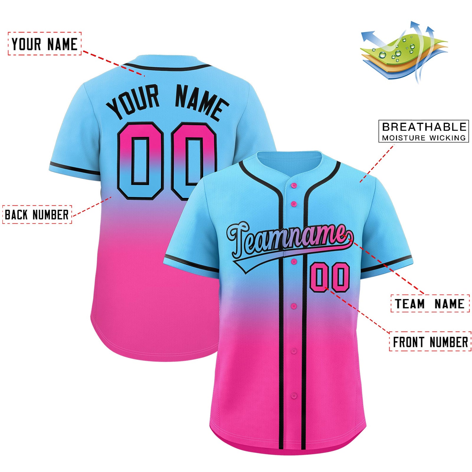 Custom Light Blue Pink Gradient Fashion Authentic Baseball Jersey