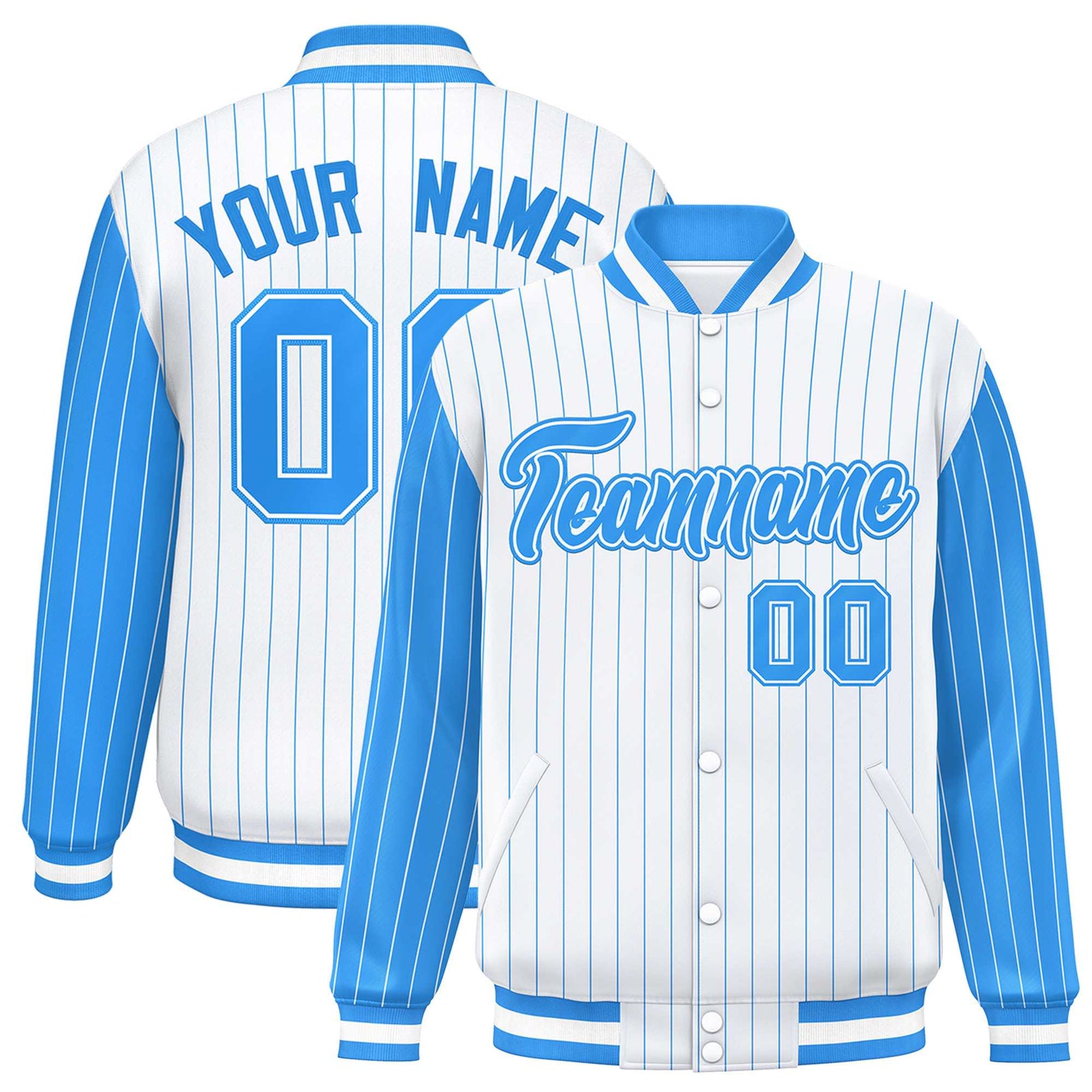 Custom White Powder Blue Raglan Sleeves Varsity Full-Snap Pinstripe Letterman Baseball Jacket