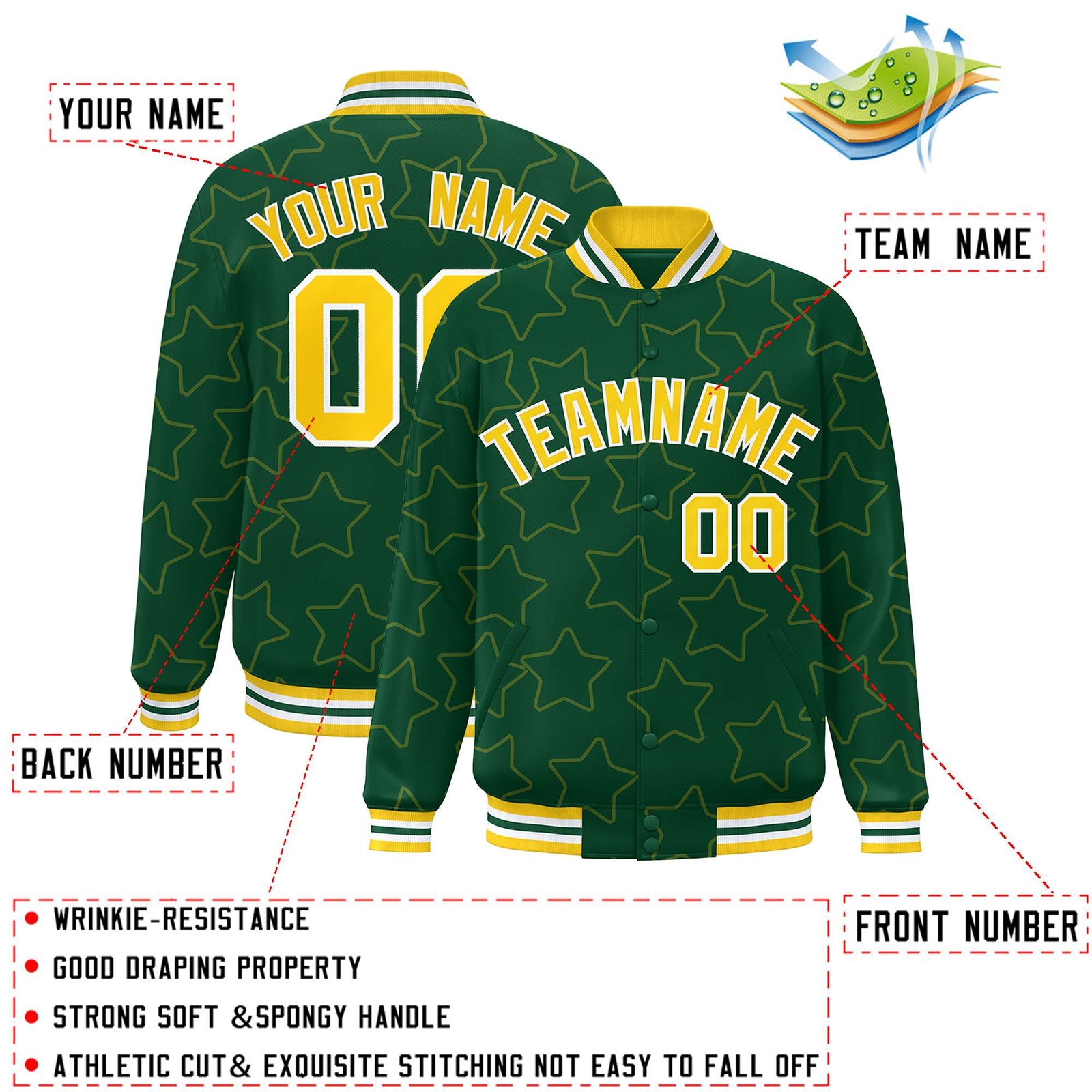 Custom Green Gold Varsity Full-Snap Star Pattern Letterman Baseball Jacket