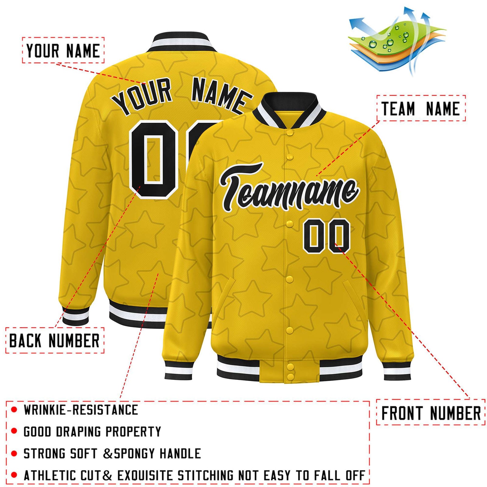 Custom Gold Black Varsity Full-Snap Star Pattern Letterman Baseball Jacket