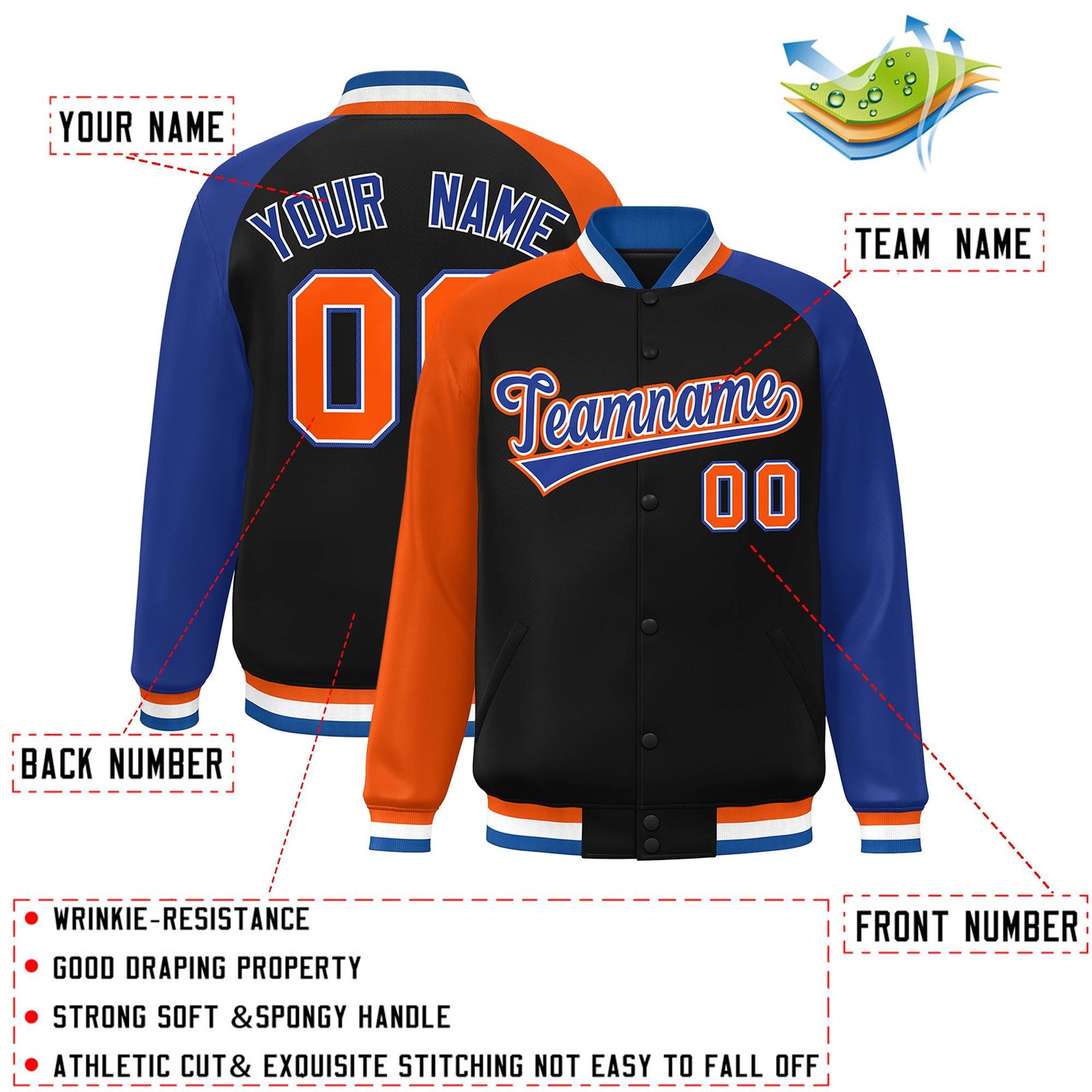 Custom Black Royal-Orange Varsity Full-Snap Authentic Raglan Sleeves Letterman Bomber Jacket