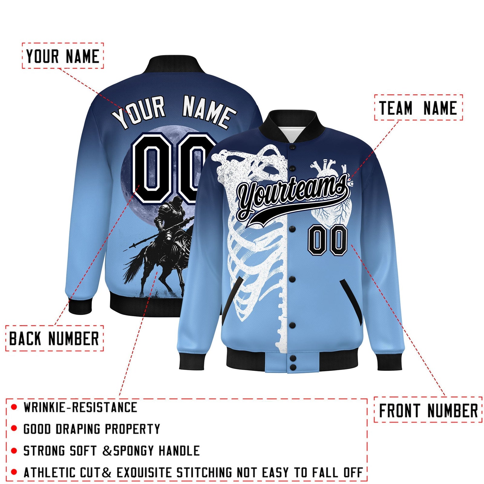 Custom Navy Light Blue Black skeleton Halloween Graffiti Pattern Moisture-Wicking Jacket| KXKSHOP
