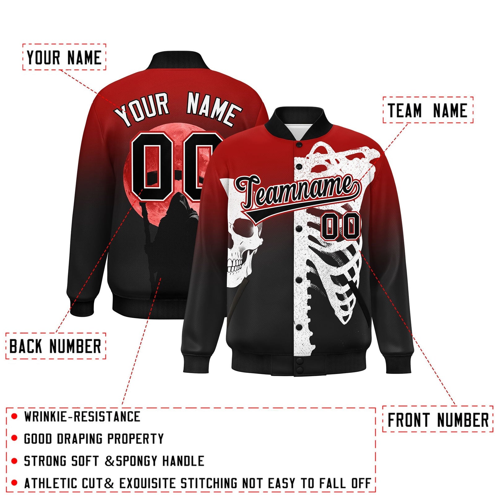 Custom Red Black White skeleton Halloween Graffiti Pattern Moisture-Wicking Jacket| KXKSHOP