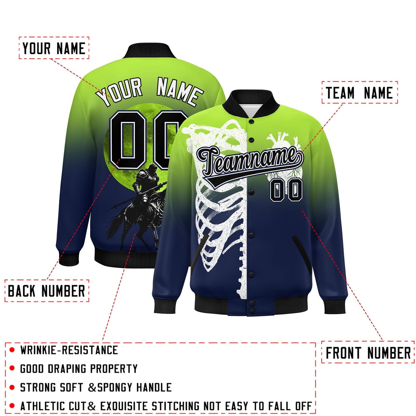 Custom Neon Green Navy Black skeleton Halloween Graffiti Pattern Stretch Fabric Jacket| KXKSHOP