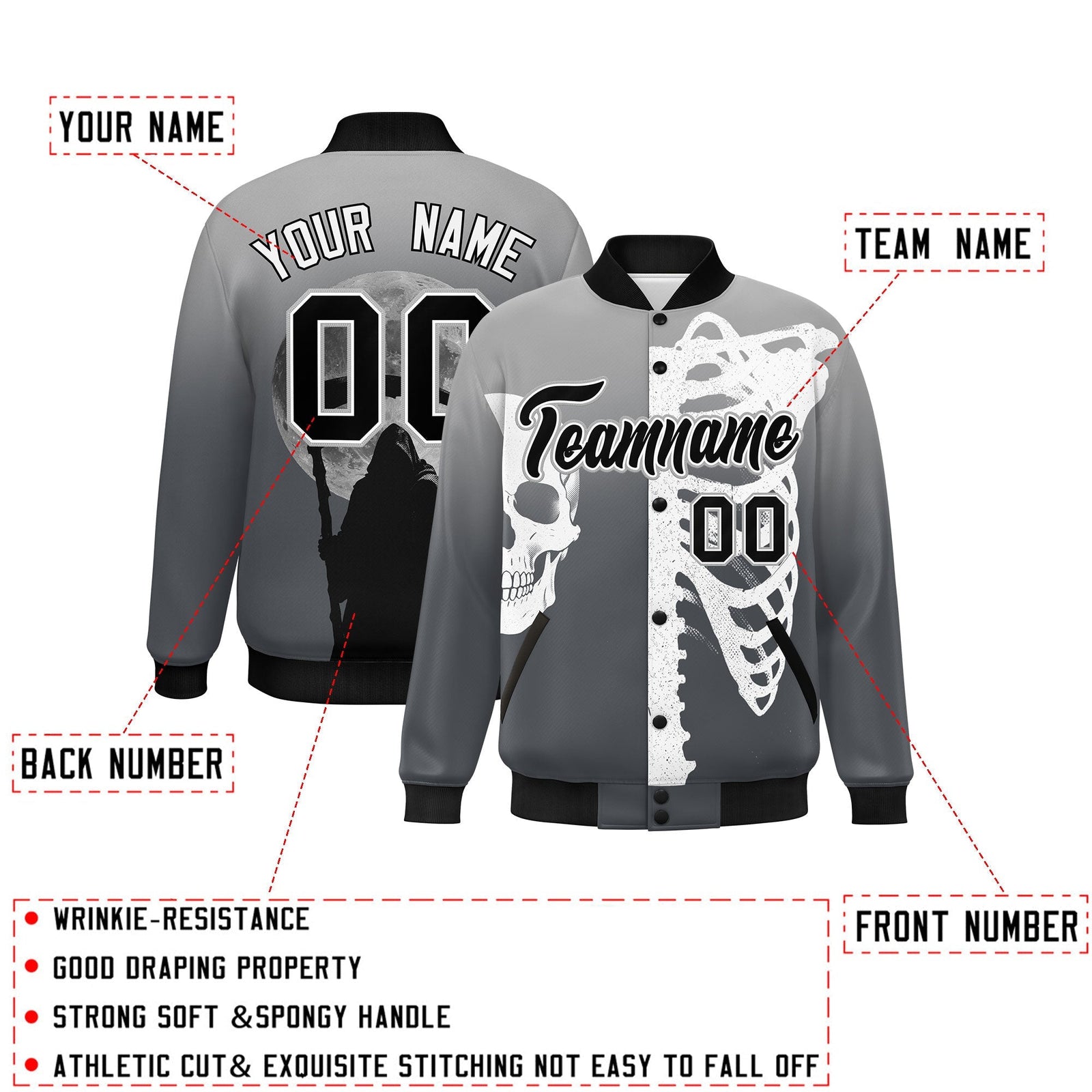 Custom Gray Dark Gray Black skeleton Halloween Graffiti Pattern Moisture-Wicking Jacket| KXKSHOP