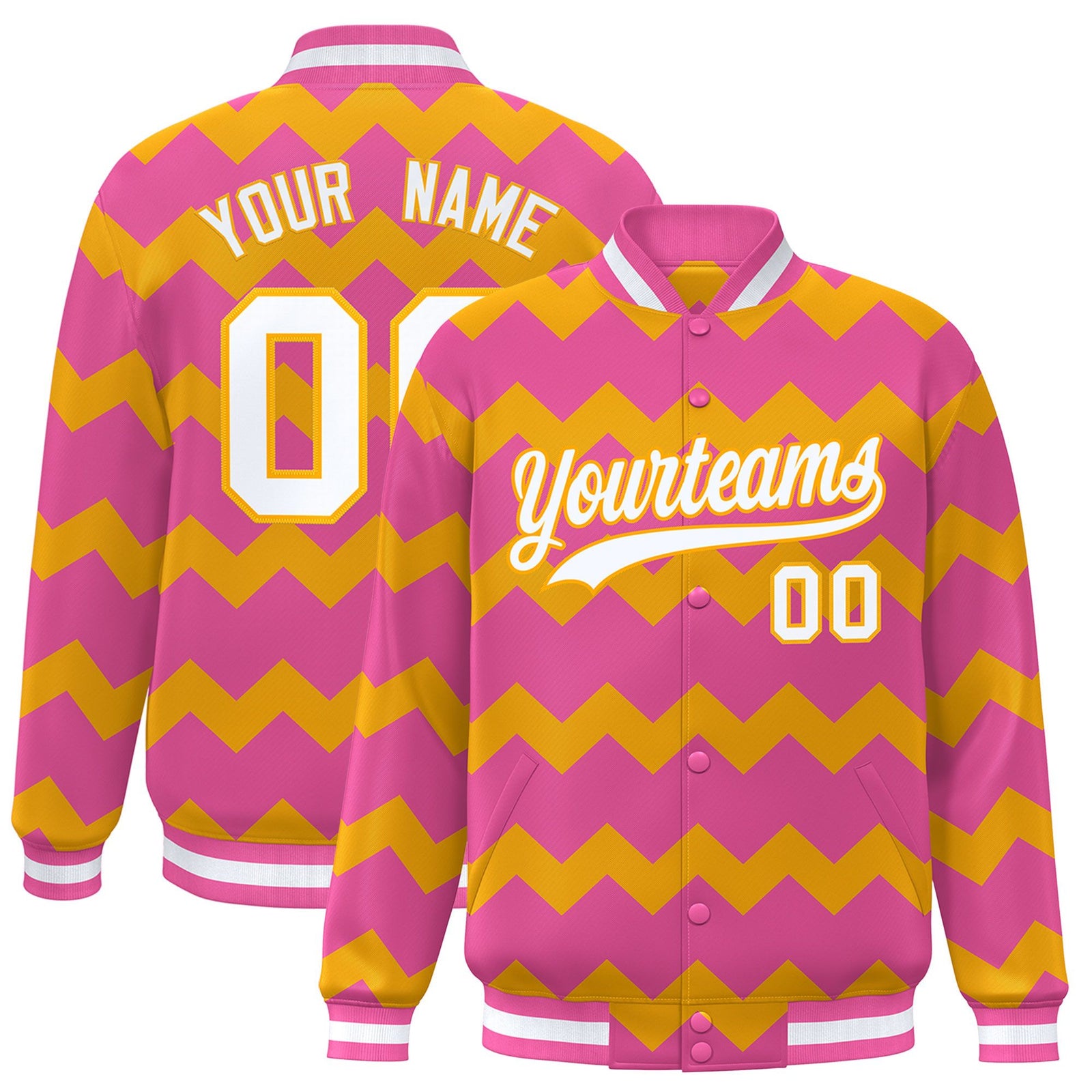 Custom Pink Varsity Full-Snap Ripple Color Block Letterman Jacket