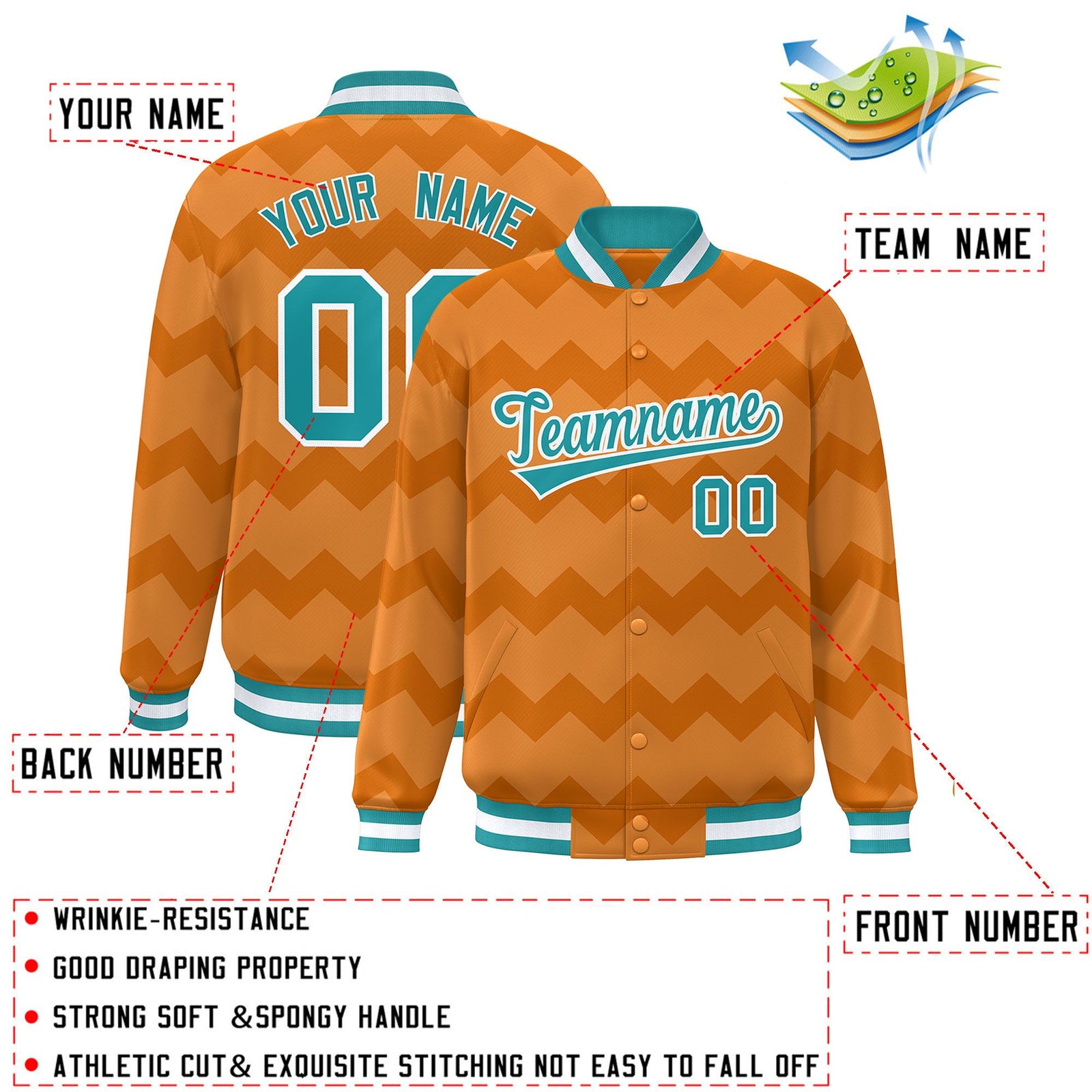 Custom Orange Varsity Full-Snap Ripple Color Block Letterman Jacket