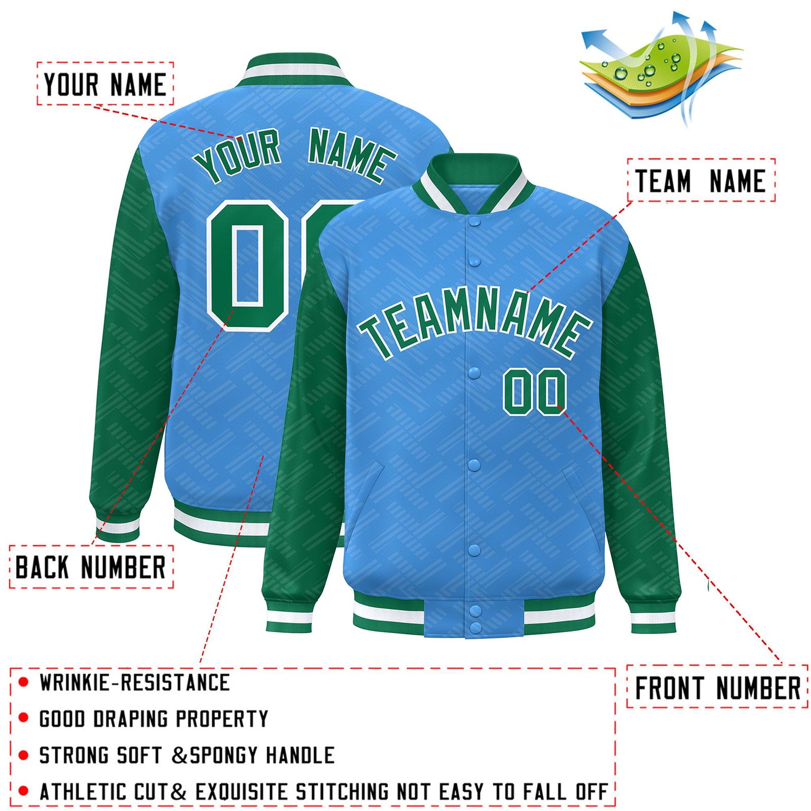 Custom Powder Blue Kelly Green L Pattern Varsity Raglan Sleeves Full-Snap Letterman Baseball Jacket