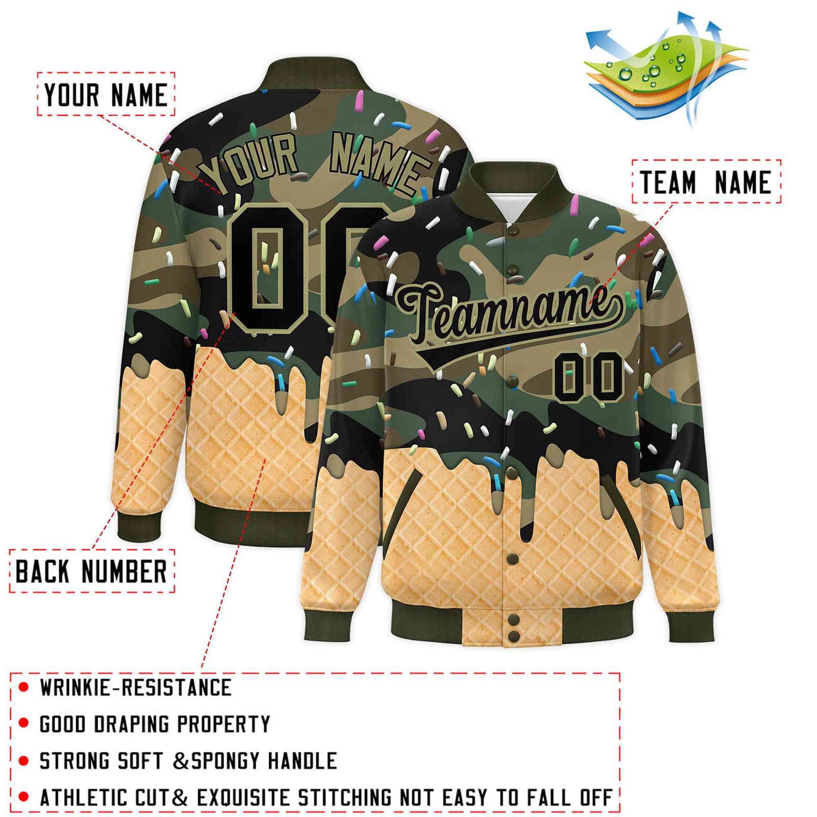 Custom Camo Ice Cream Cone Graffiti Pattern Full-Snap Varsity Letterman Jackets| KXKSHOP