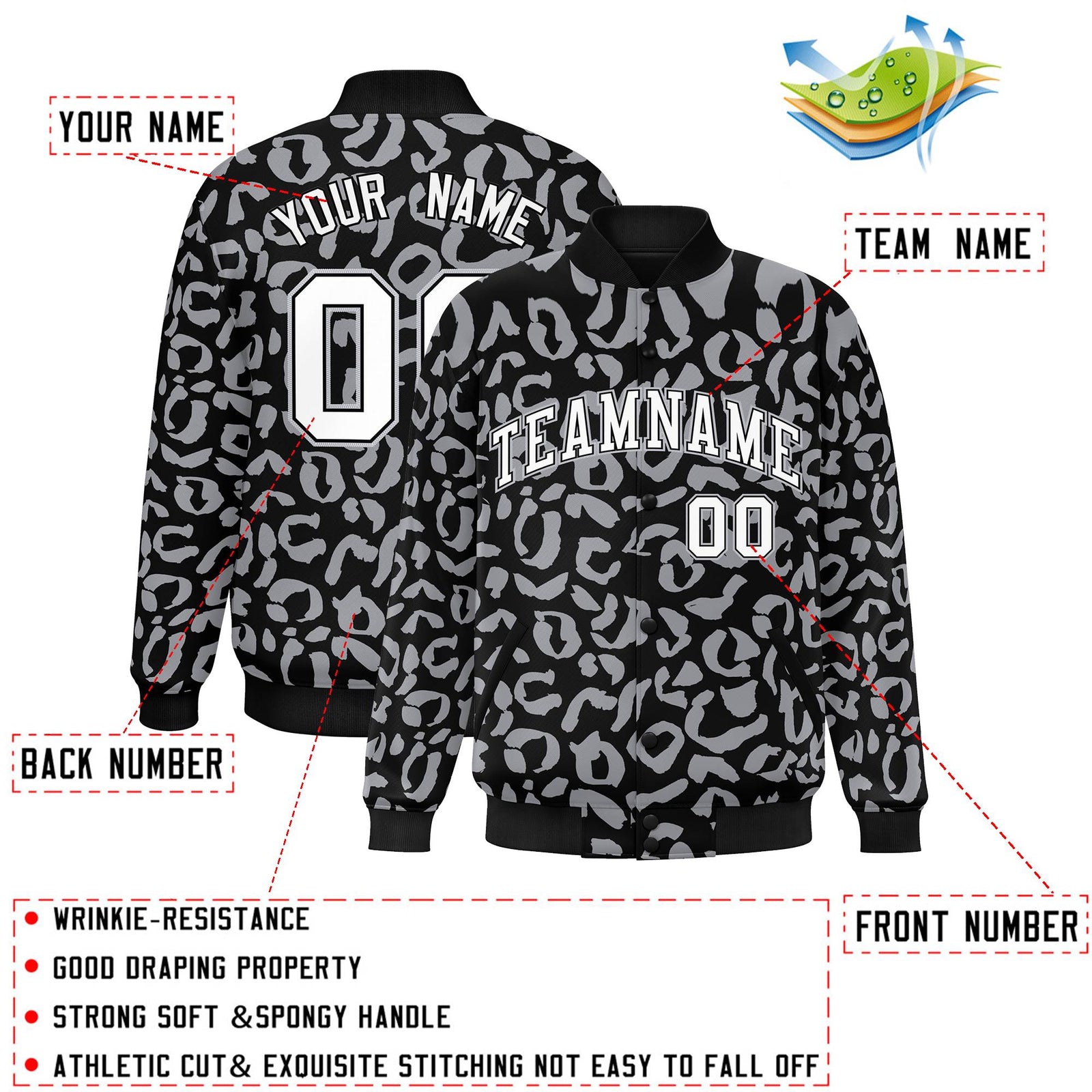 Custom Black Gray Varsity Full-Snap Leopard Print Graffiti Pattern Letterman Baseball Jacket