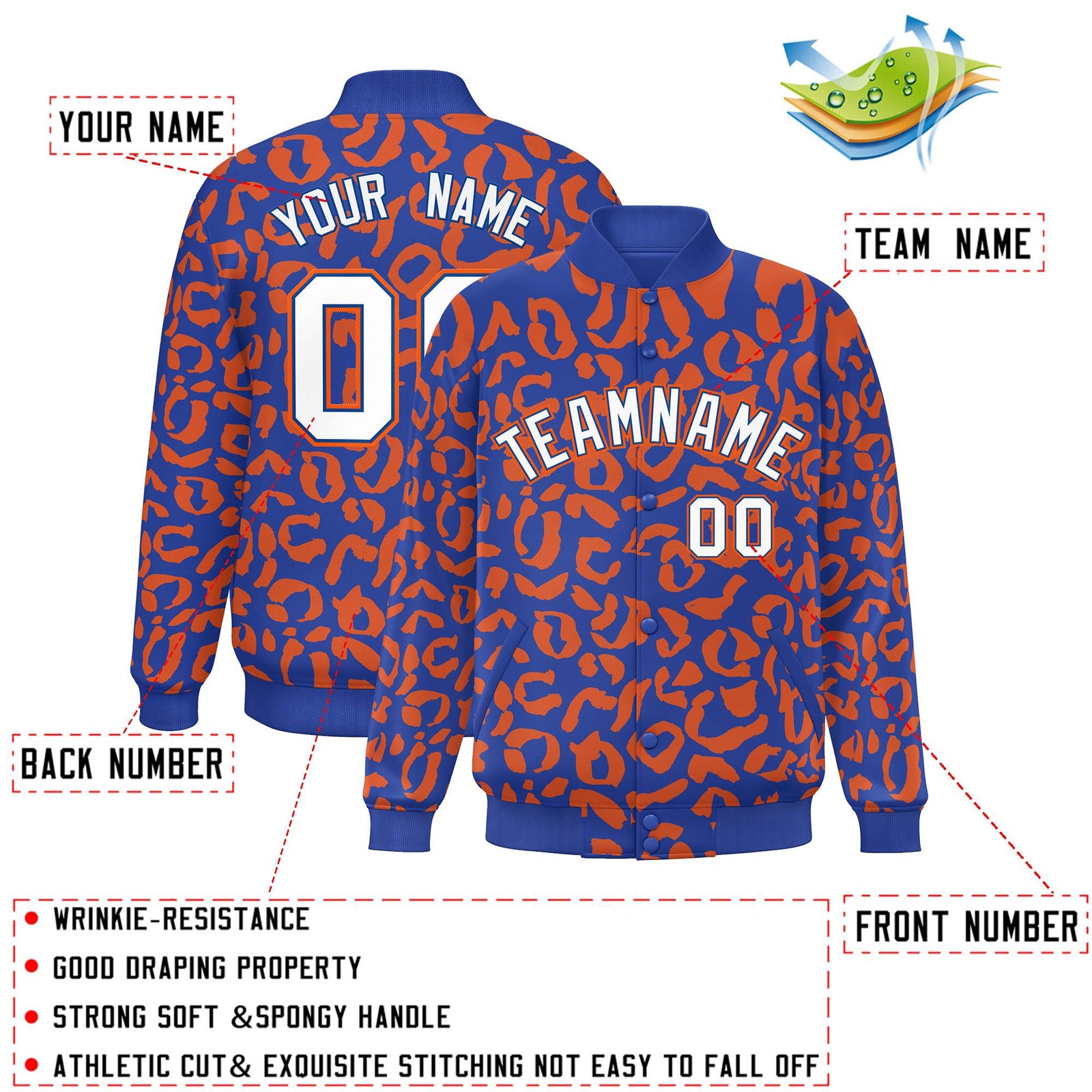 Custom Royal Orange Varsity Full-Snap Leopard Print Graffiti Pattern Letterman Baseball Jacket