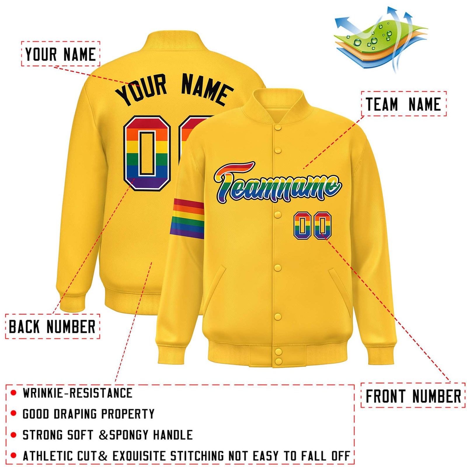 Custom Gold LGBT Rainbow For Pride Month Classic Style Letterman Baseball Jacket