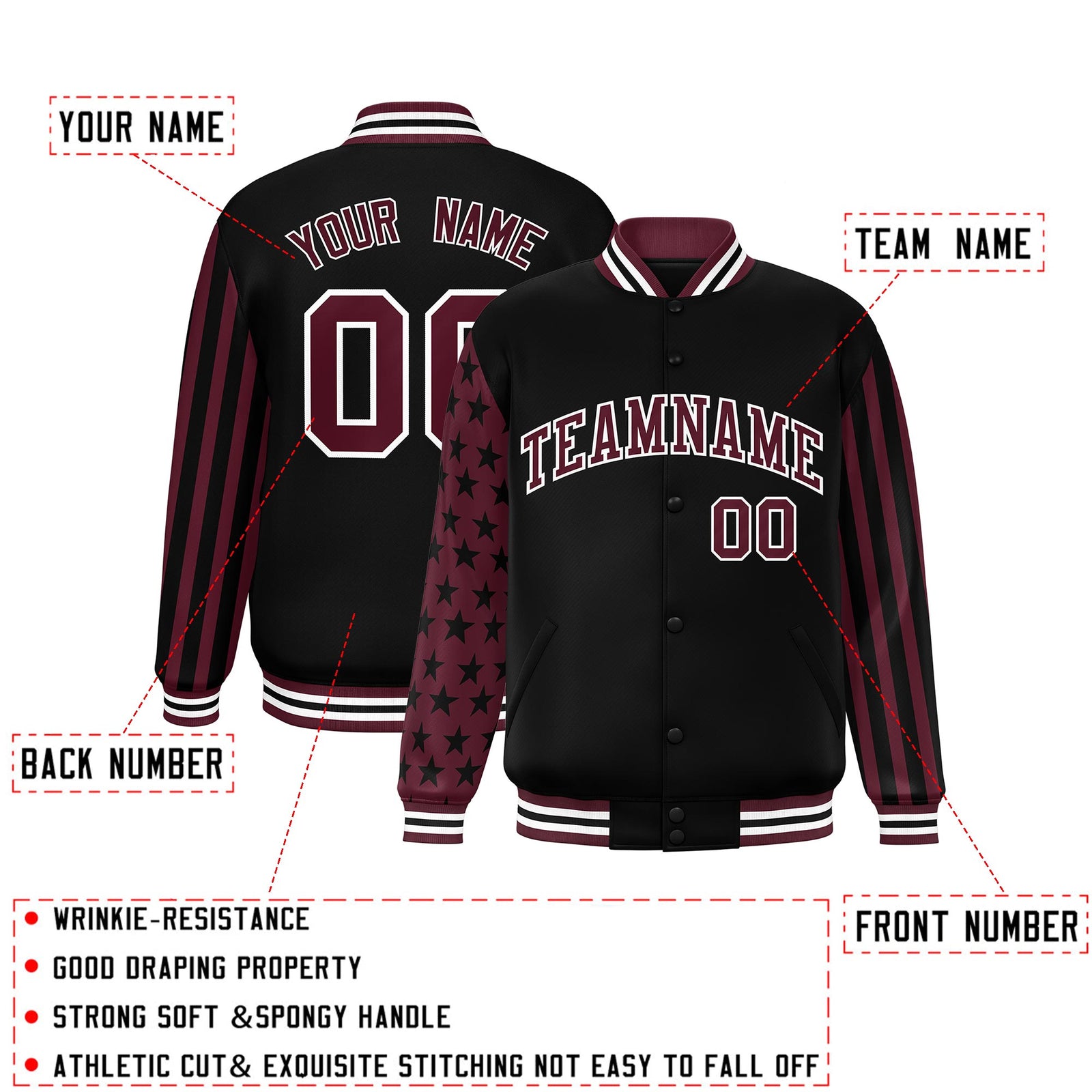 Custom Black Crimson American Flag Varsity Full-Snap Authentic Raglan Sleeves Letterman Bomber Jacket
