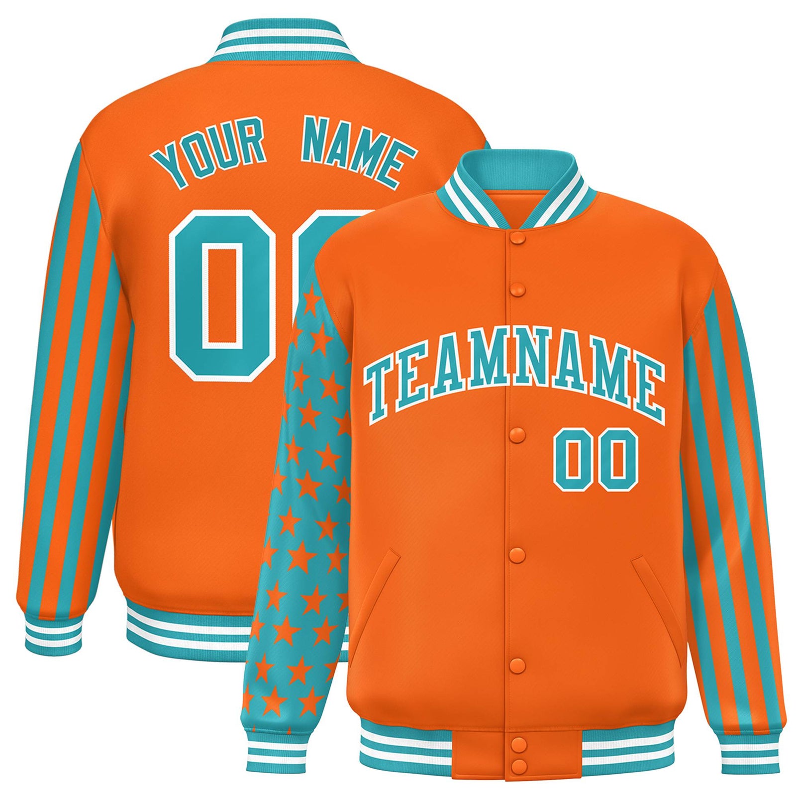 Custom Orange Aqua American Flag Varsity Full-Snap Authentic Raglan Sleeves Letterman Bomber Jacket