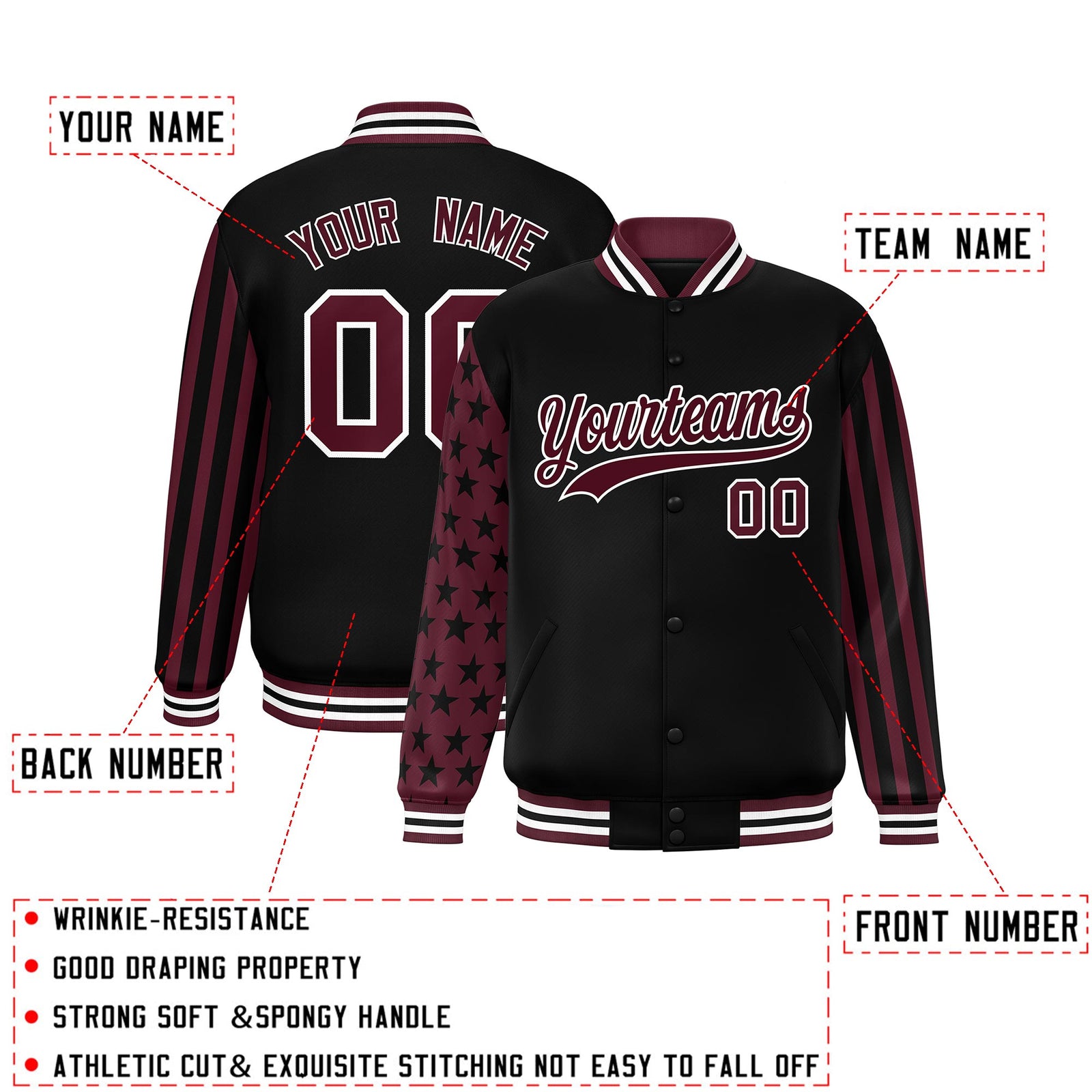 Custom Black Crimson American Flag Varsity Full-Snap Authentic Raglan Sleeves Letterman Bomber Jacket