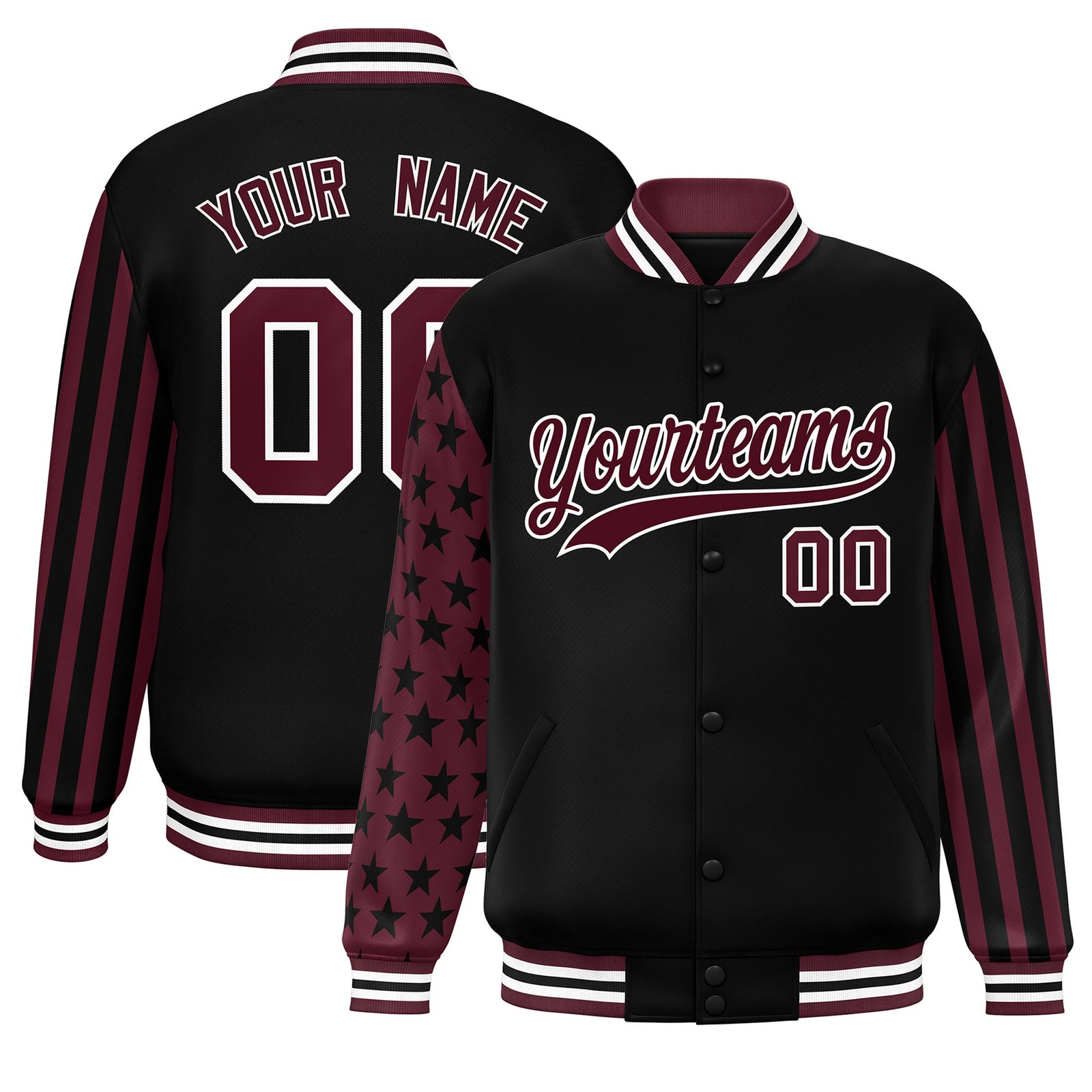 Custom Black Crimson American Flag Varsity Full-Snap Authentic Raglan Sleeves Letterman Bomber Jacket