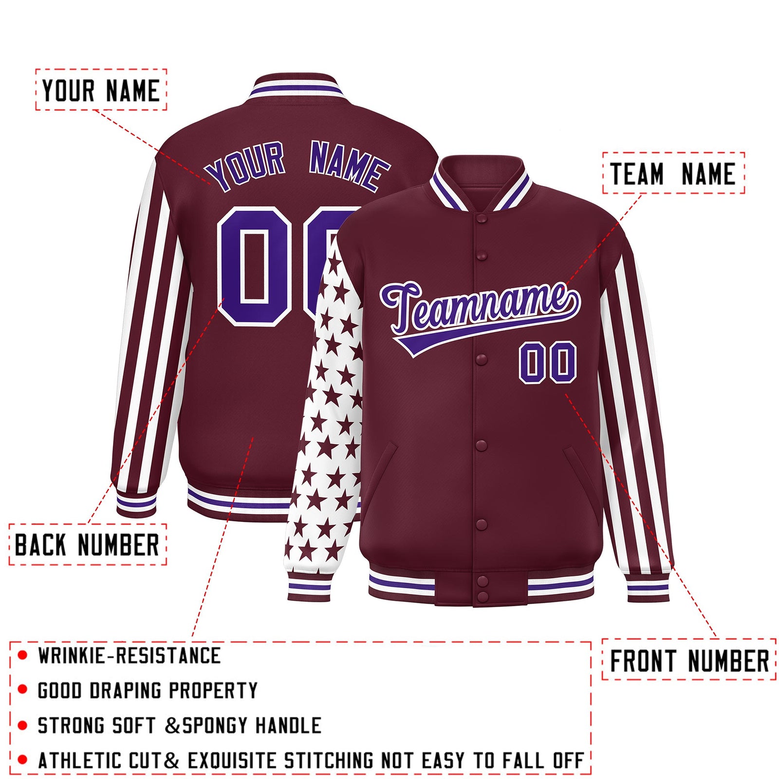 Custom Crimson American Flag Varsity Full-Snap Authentic Raglan Sleeves Letterman Bomber Jacket