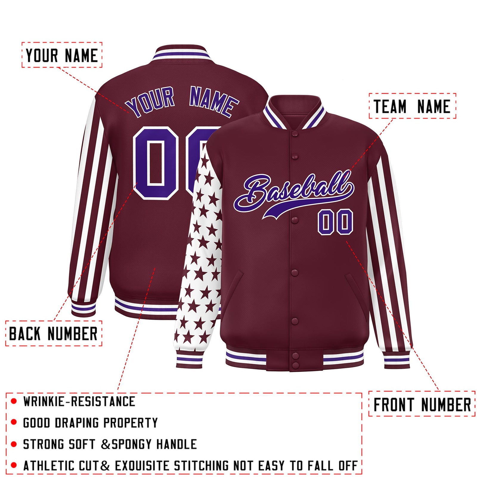 Custom Crimson American Flag Varsity Full-Snap Authentic Raglan Sleeves Letterman Bomber Jacket