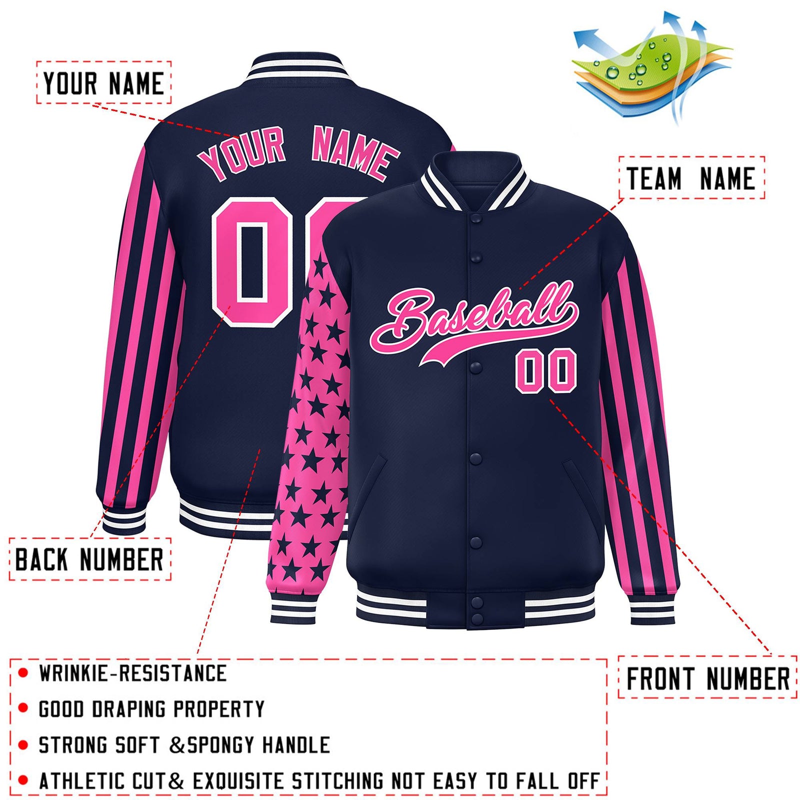 Custom Navy American Flag Varsity Full-Snap Authentic Raglan Sleeves Letterman Bomber Jacket