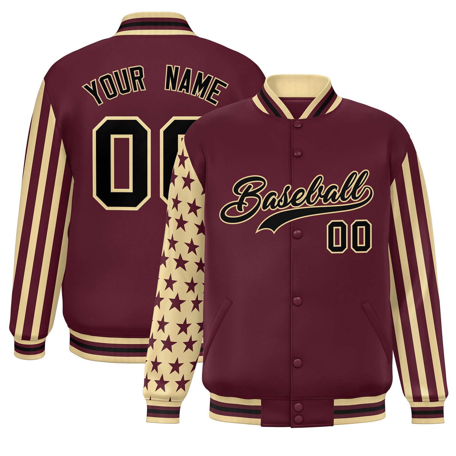 Custom Crimson Khaki American Flag Varsity Full-Snap Authentic Raglan Sleeves Letterman Bomber Jacket