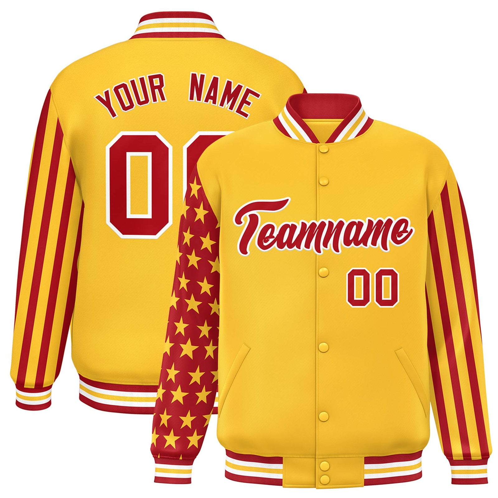 Custom Gold American Flag Varsity Full-Snap Authentic Raglan Sleeves Letterman Bomber Jacket