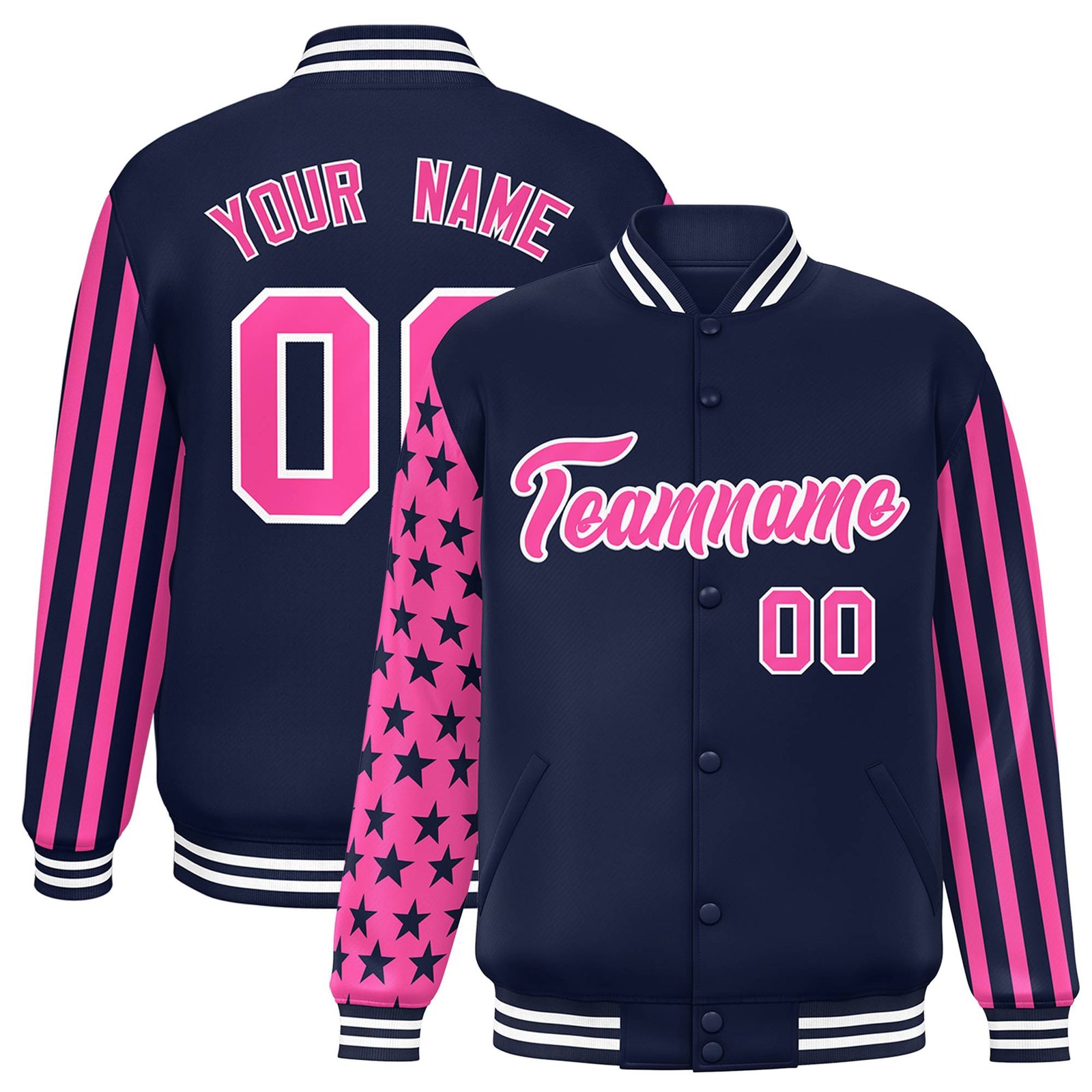 Custom Navy Pink American Flag Varsity Full-Snap Authentic Raglan Sleeves Letterman Bomber Jacket