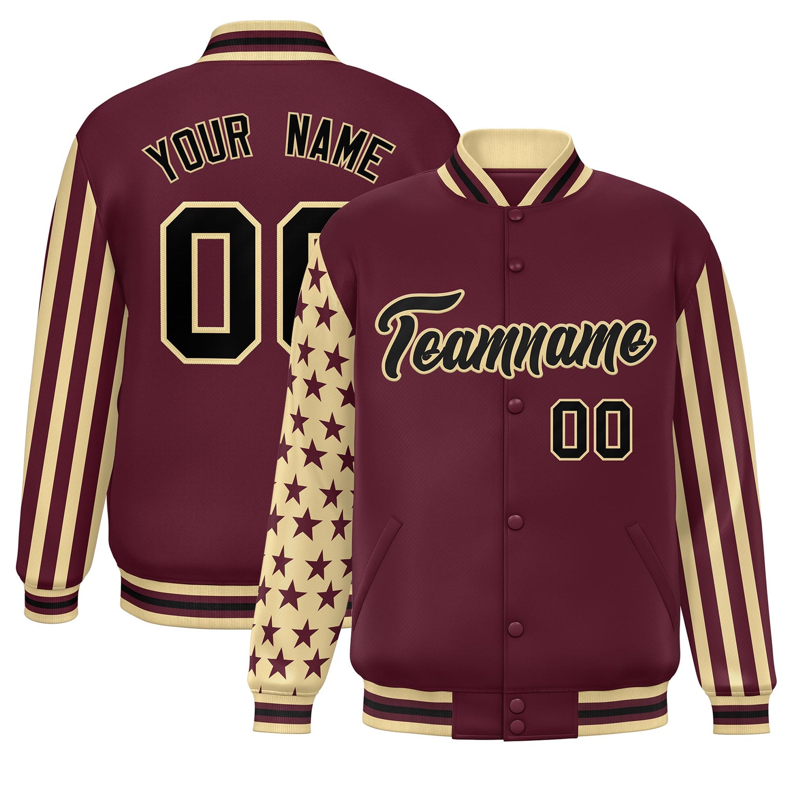 Custom Crimson Khaki American Flag Varsity Full-Snap Authentic Raglan Sleeves Letterman Bomber Jacket