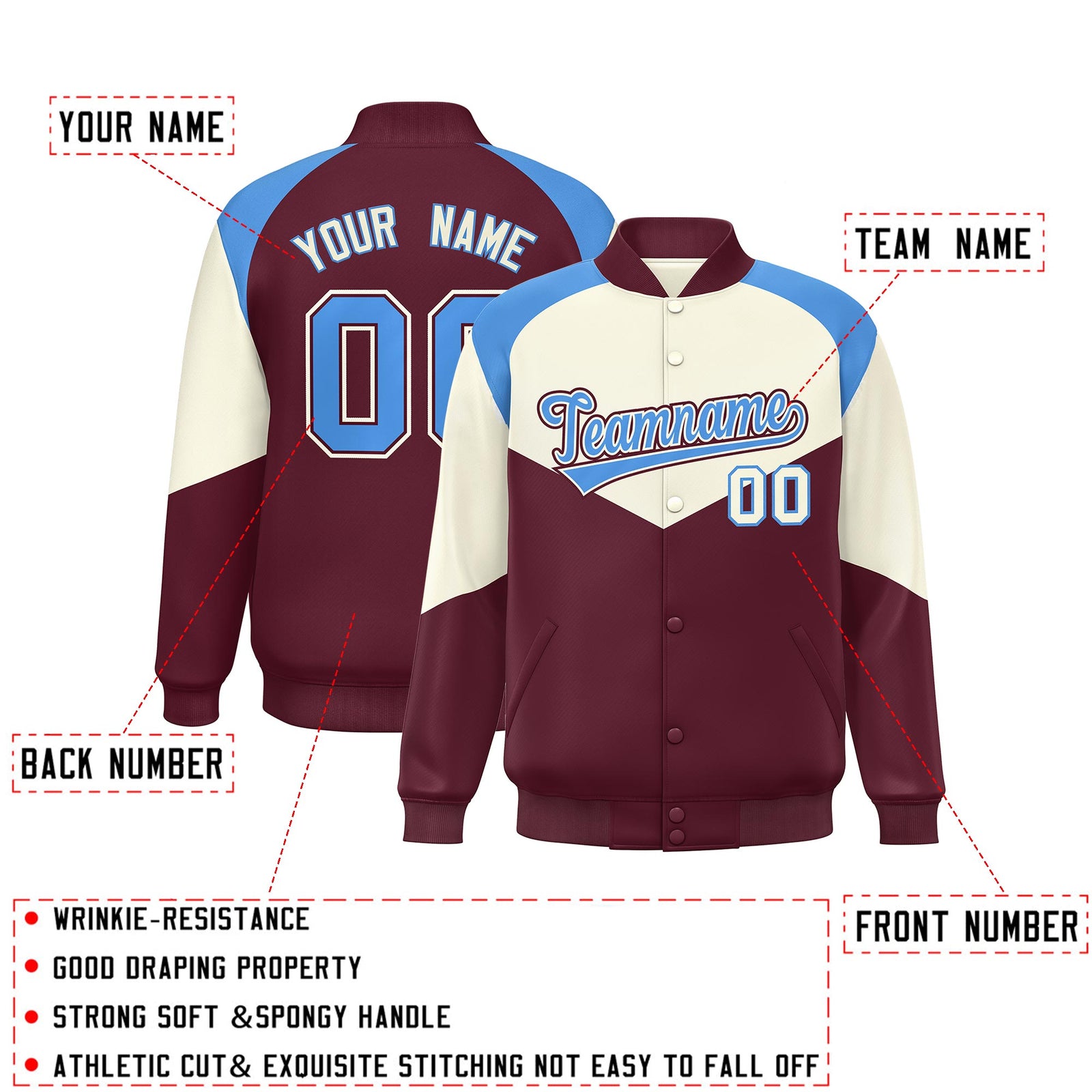 Custom Cream Crimson Varsity Full-Snap Color Block Letterman Jacket